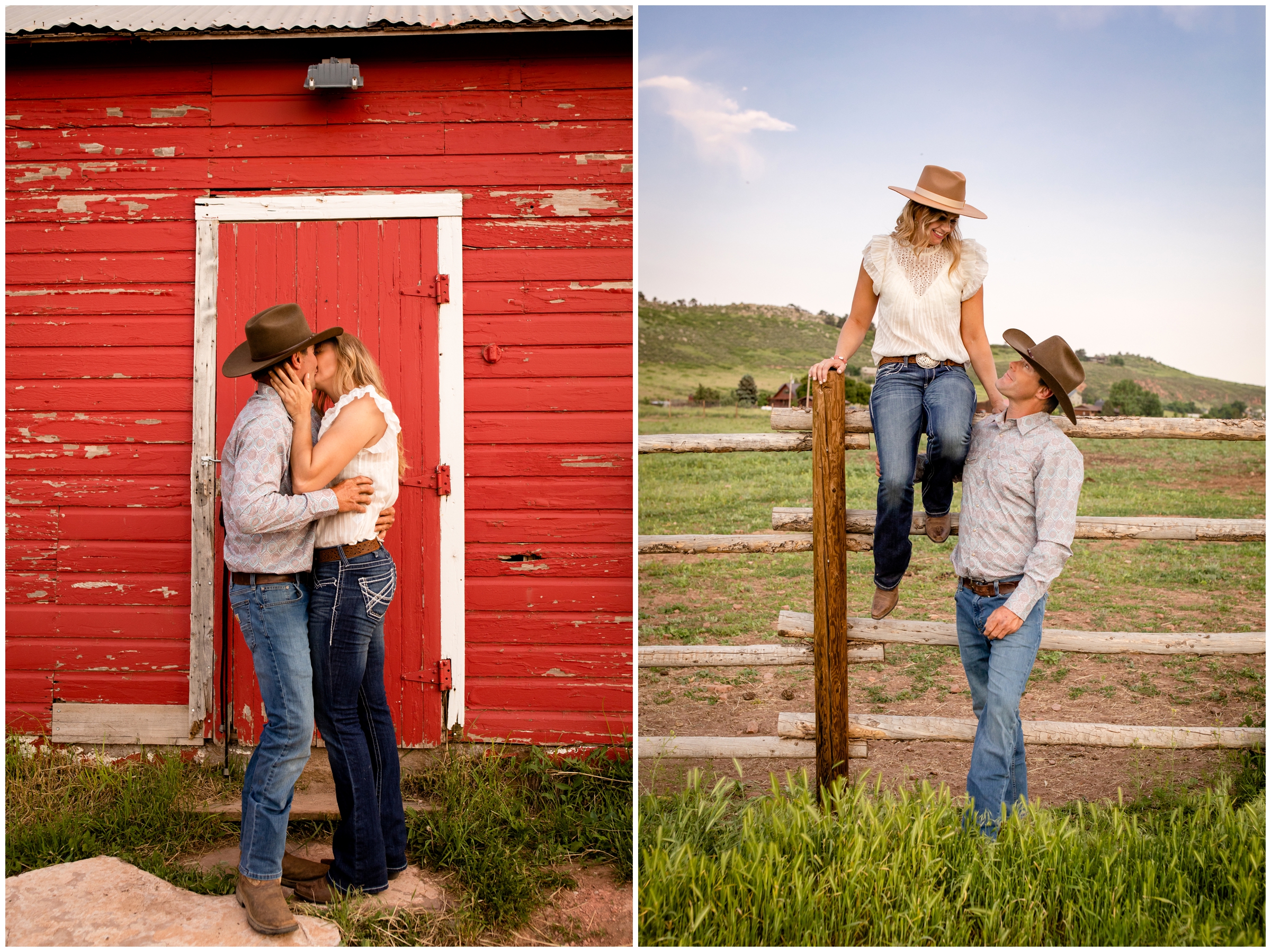 country couple kissing in front of red barn during rustic engagement portraits by Loveland photographer plum pretty photography 