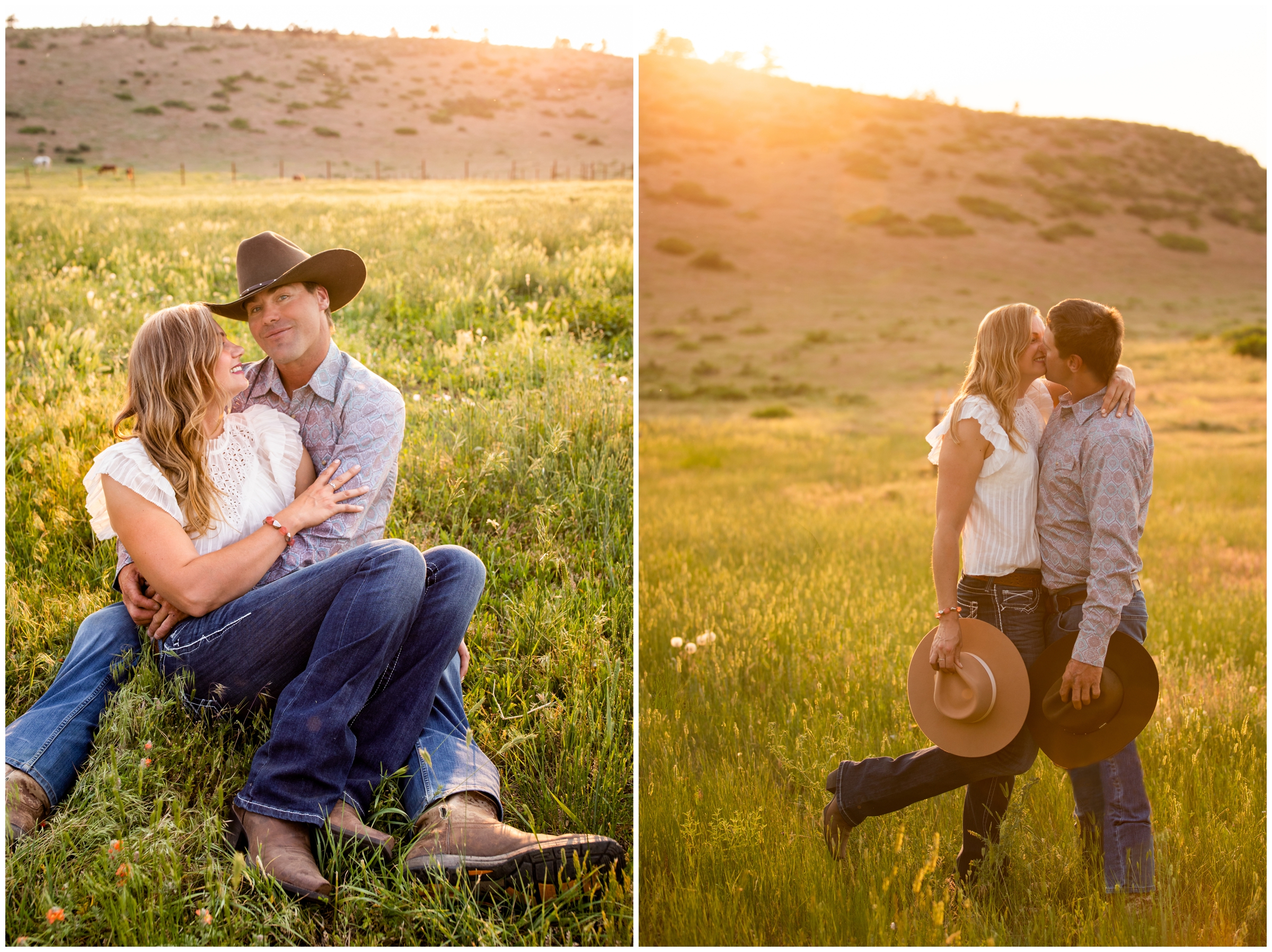 couple kissing and holding cowboy hats during northern Colorado photography session 