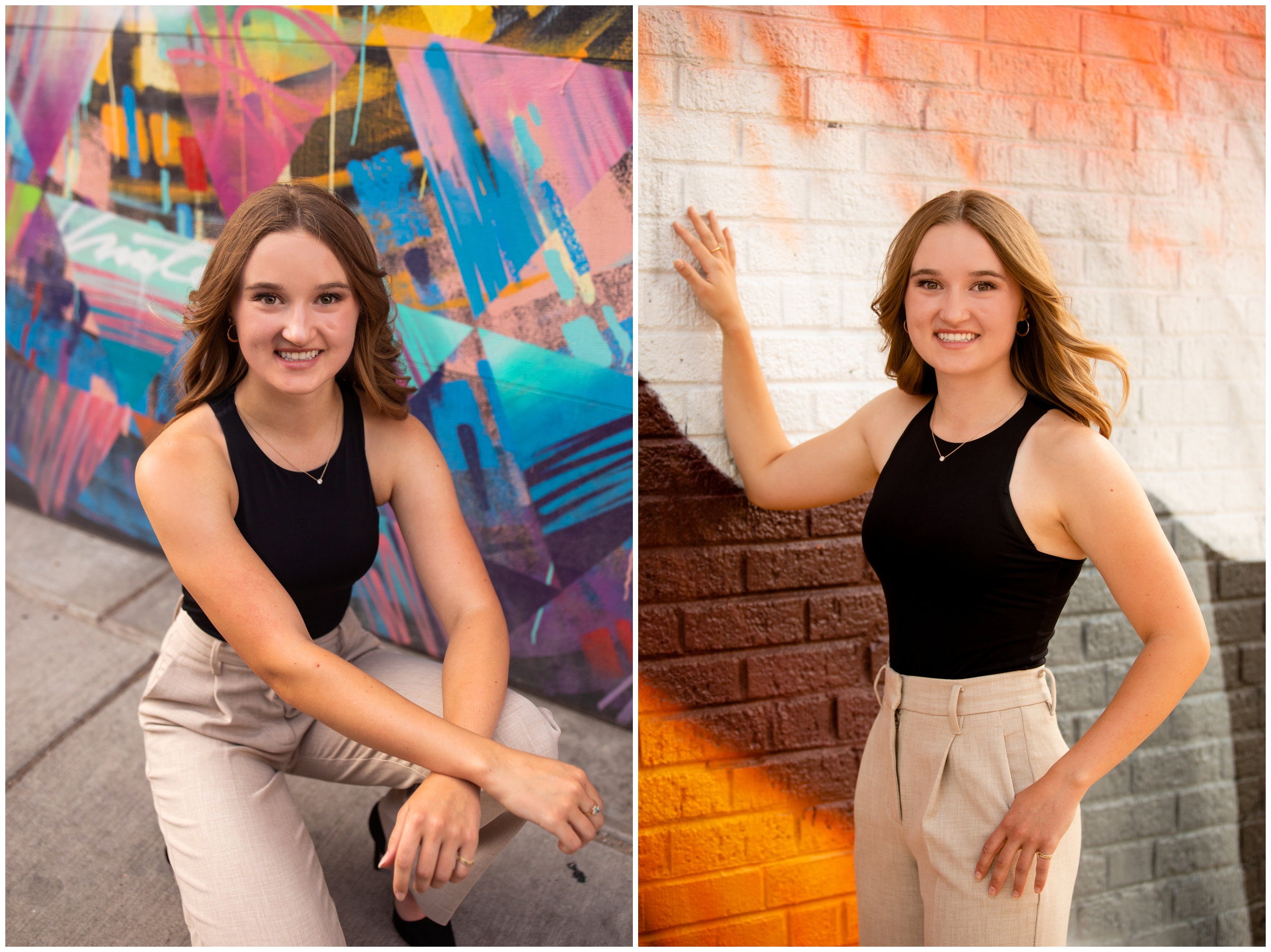 Teen girl posing in front of colorful wall mural in downtown Denver during senior portraits in the RINO art district 