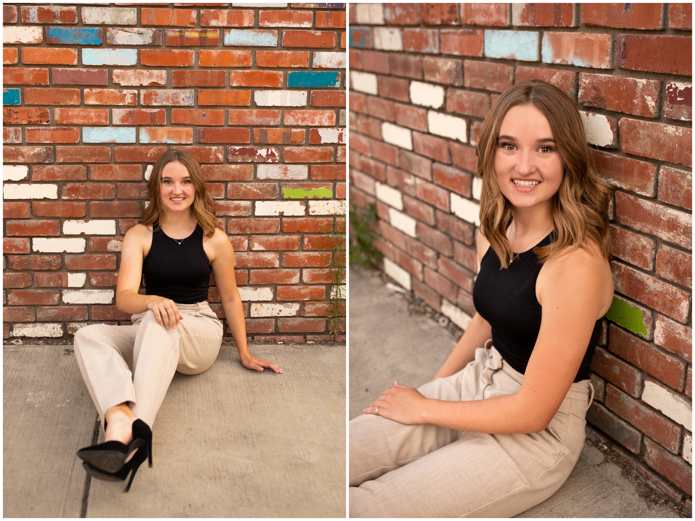 Teen girl sitting against brick wall in the Denver RINO district during senior photography session 
