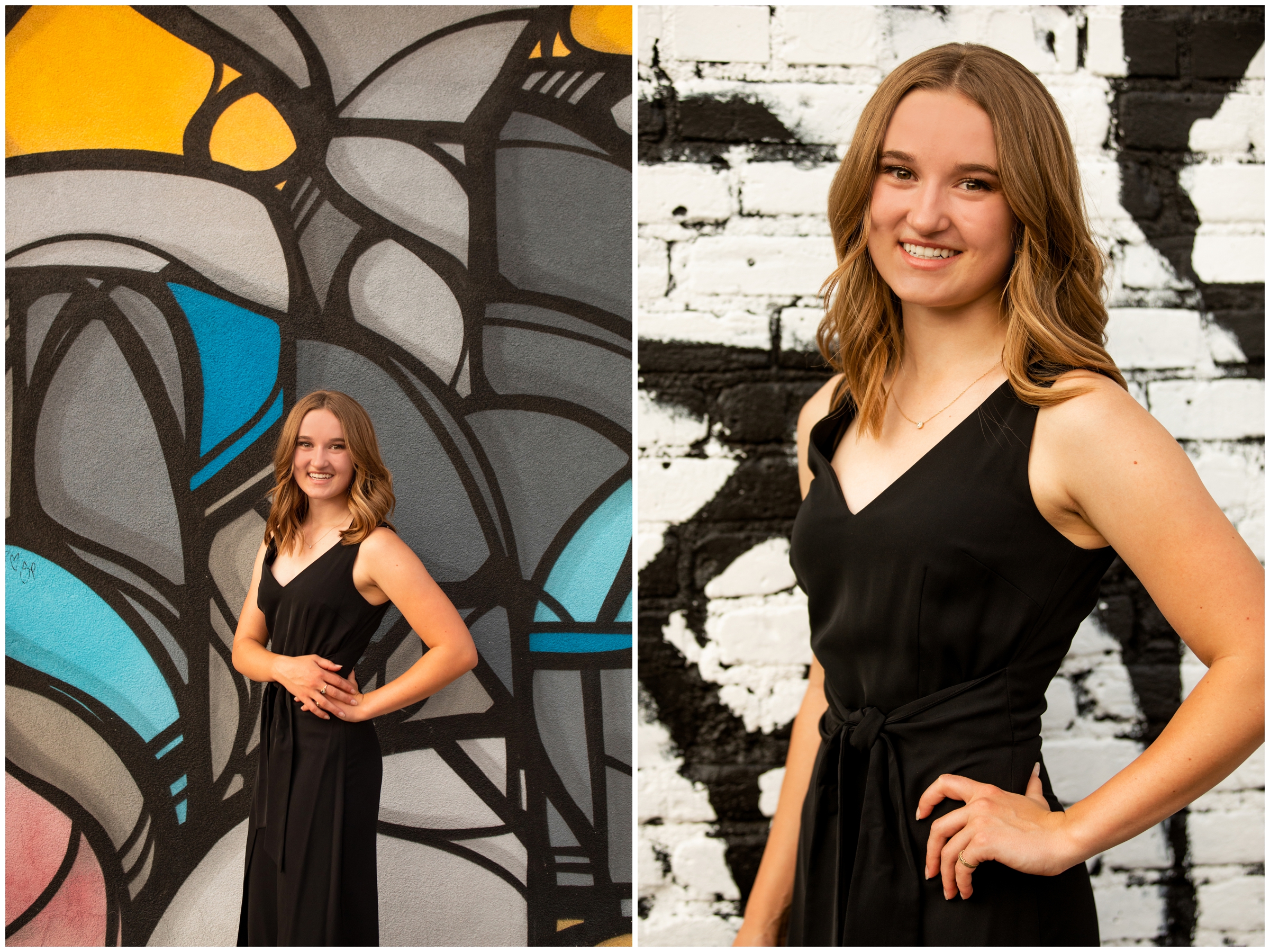 High School student posing in front of colorful wall mural during Colorado graduation photos 