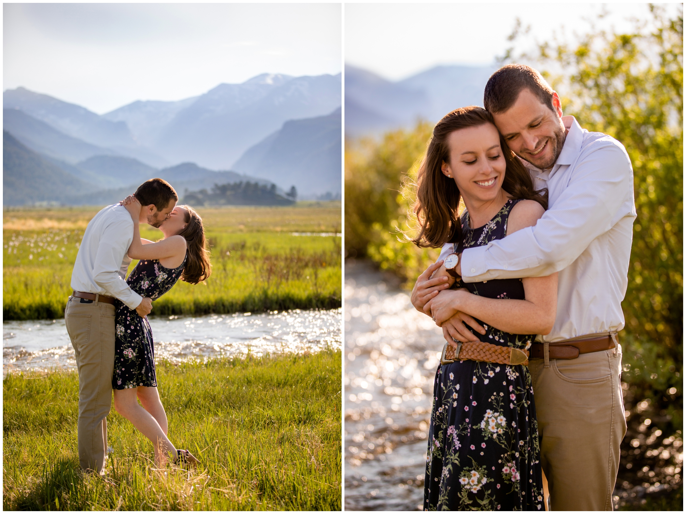 couple kissing by the river at Moraine Park during Estes Park Colorado couples portraits 