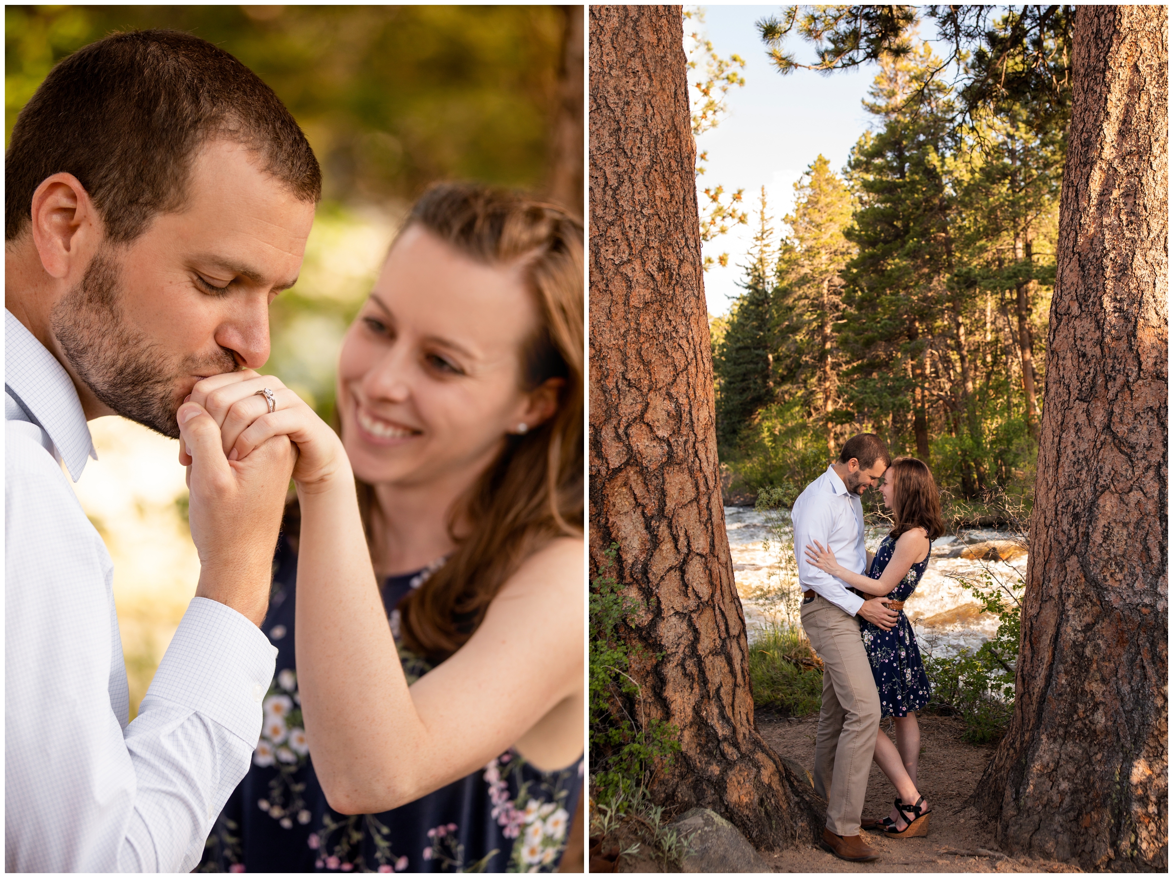 couple posing in front of river in Rocky Mountain National Park during summer engagement photography session 