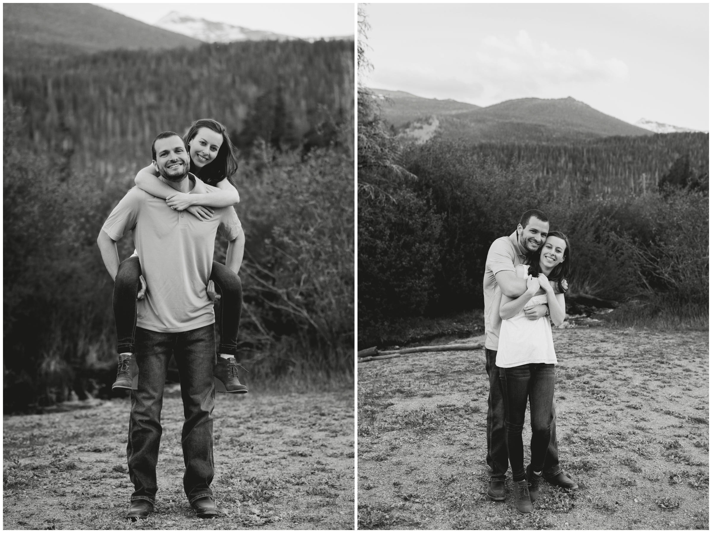 man giving fiancé a piggy back ride during Estes Park Colorado mountain engagement picture 