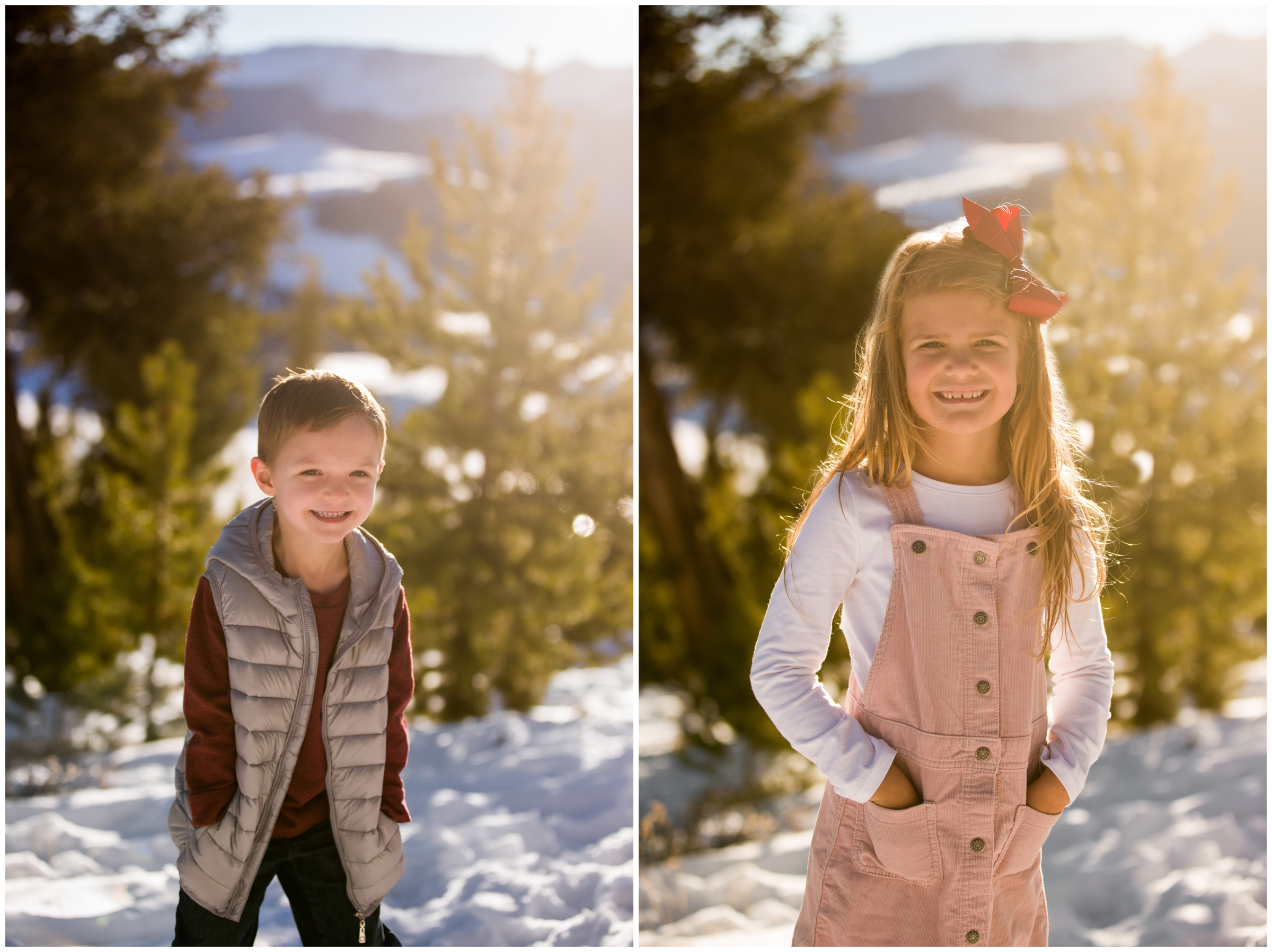 kids posing in the snow during winter family photography session in Colorado mountains 