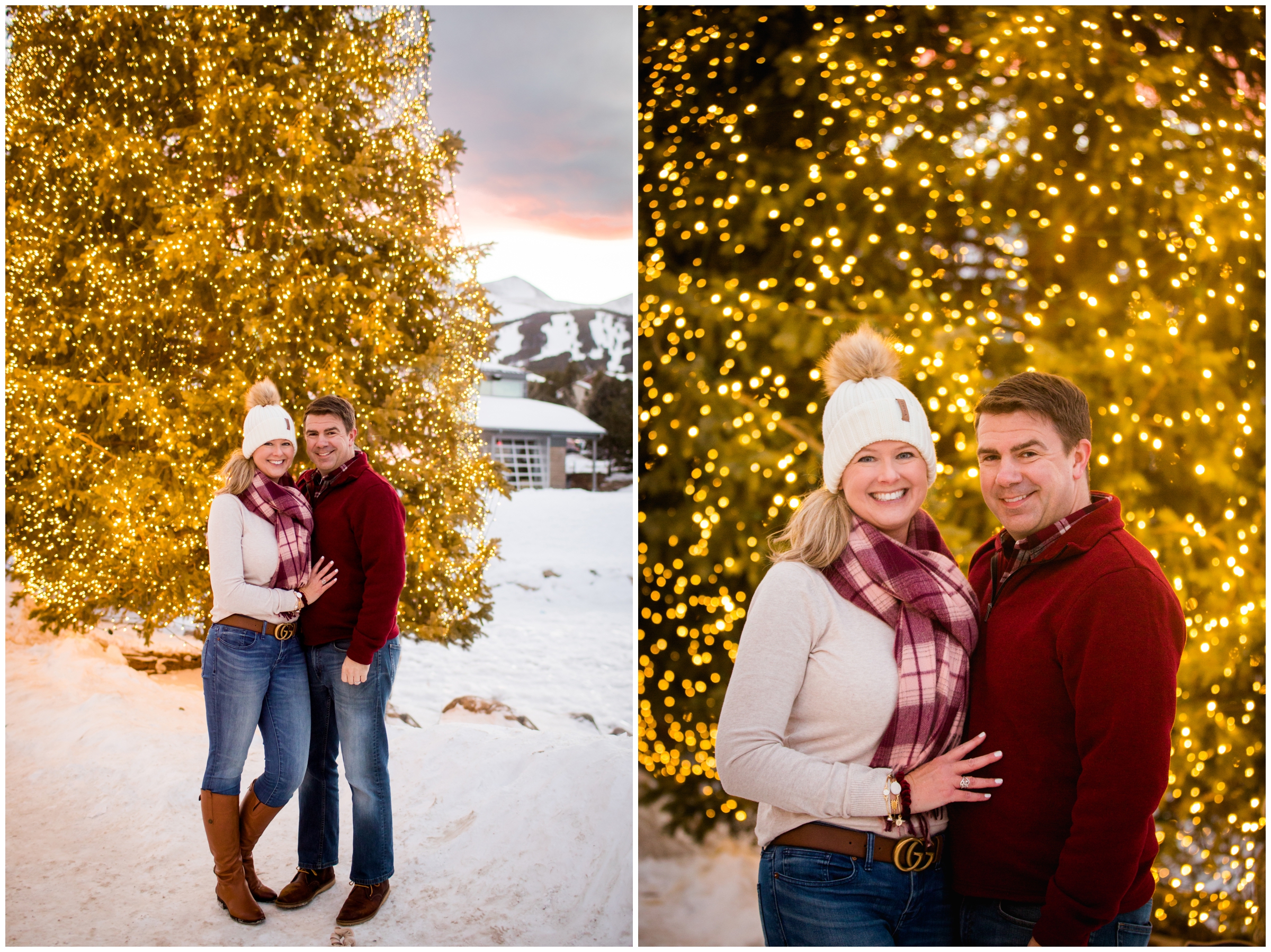 nighttime couples portraits in downtown Breckenridge during the holidays 