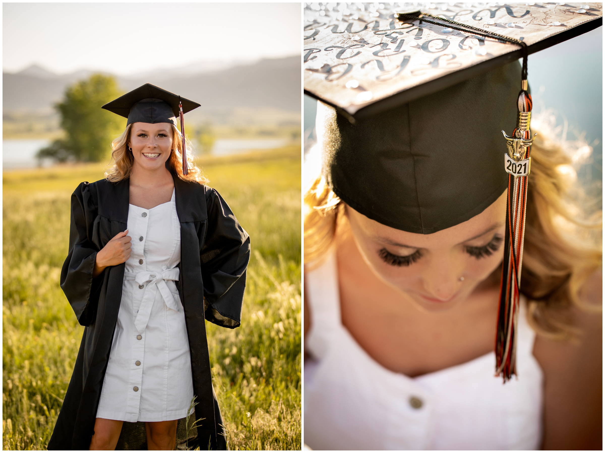 Teen posing in graduation robe and cap during boulder senior portraits 