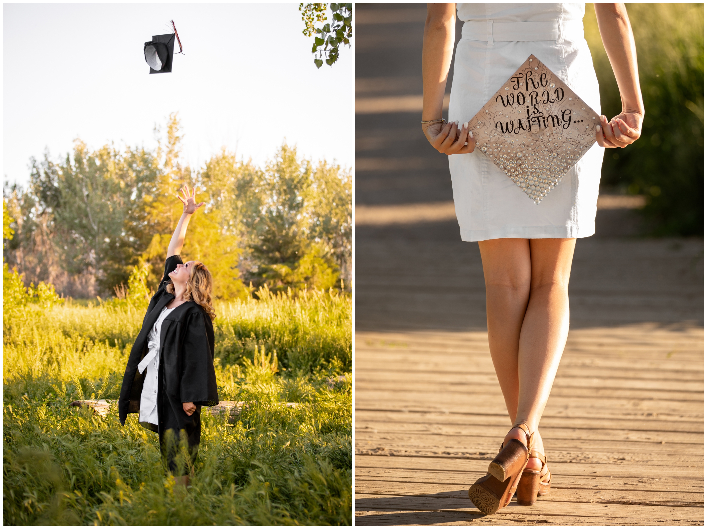 Teen throwing cap in the air during Colorado graduation cap and gown pictures 