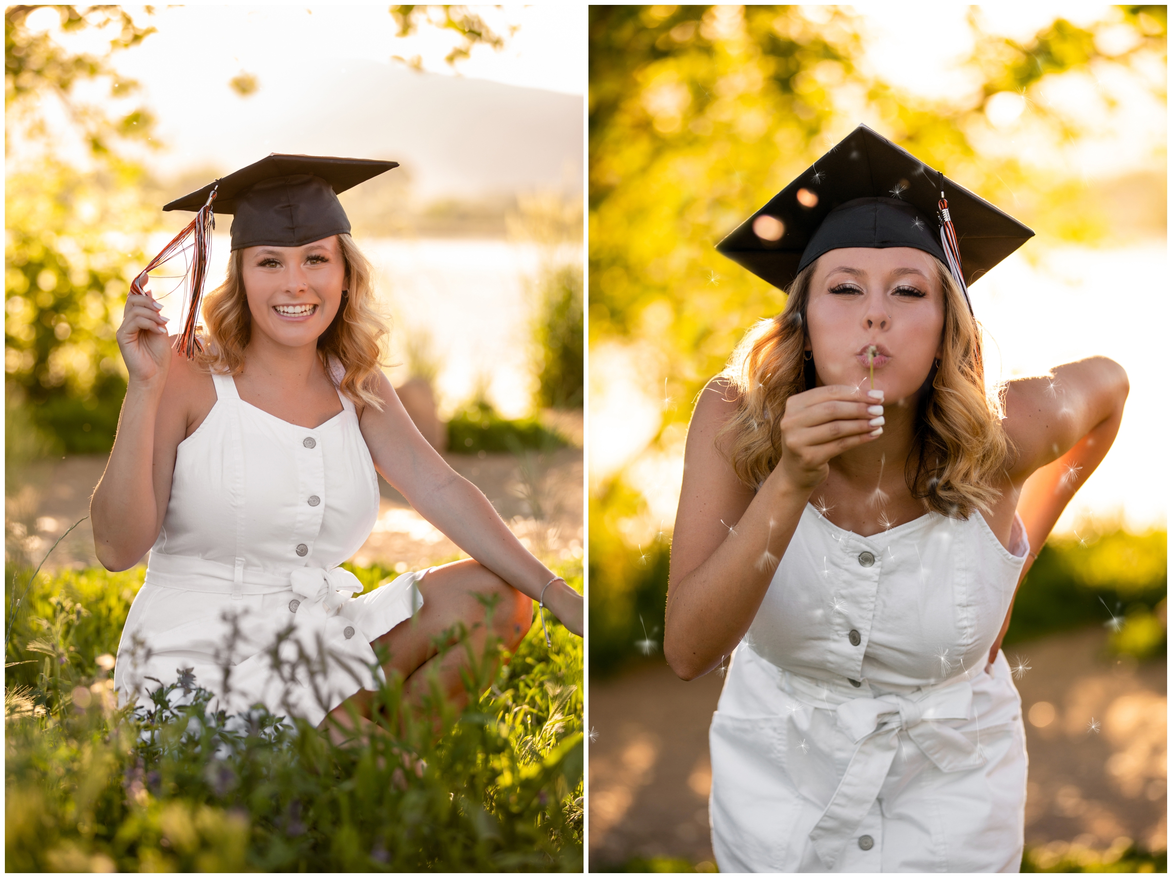 Teen girl blowing on dandelion during cap and gown graduation photos in boulder Colorado
