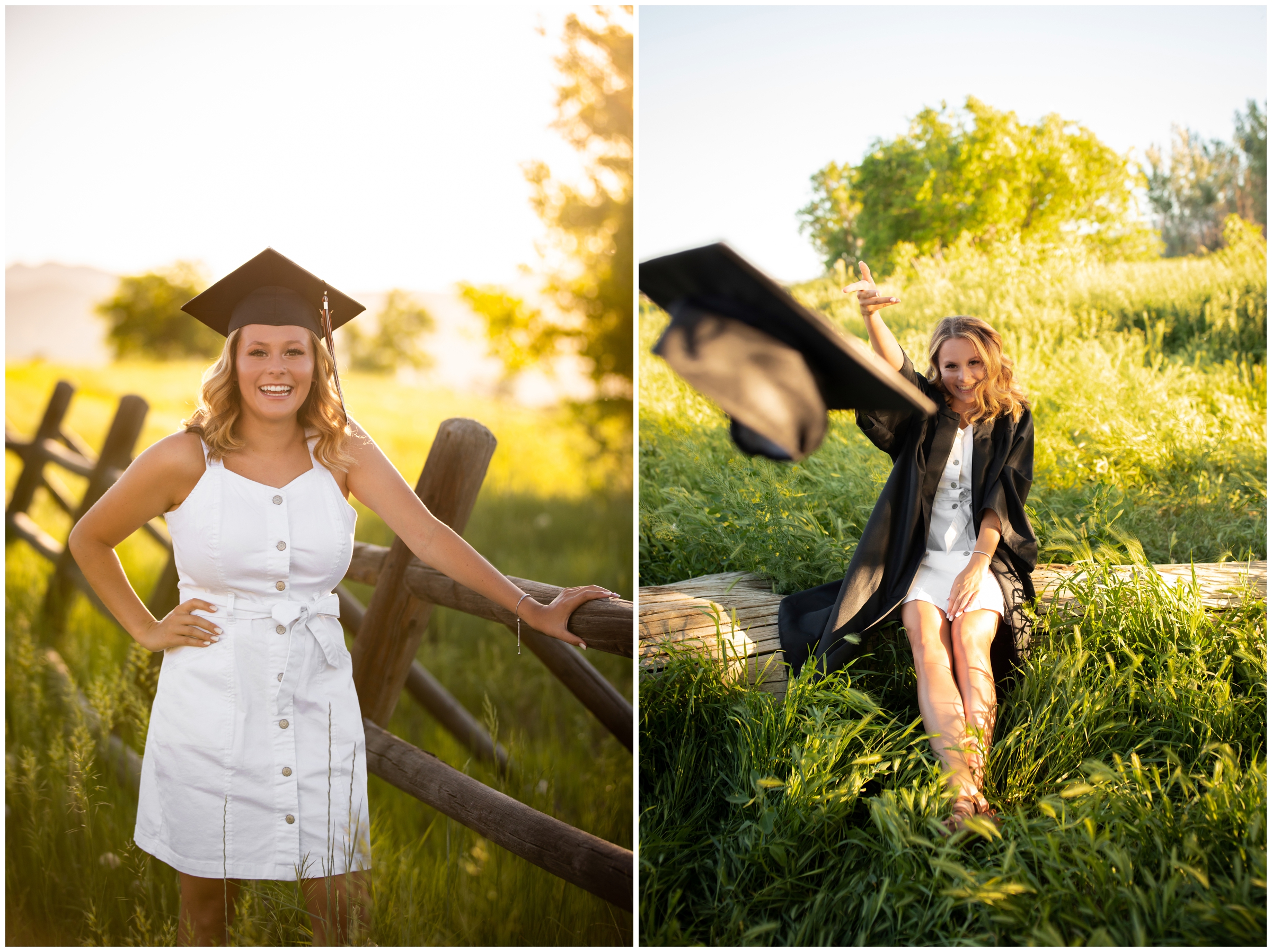 Teen throwing cap during boulder Colorado graduation photography session 
