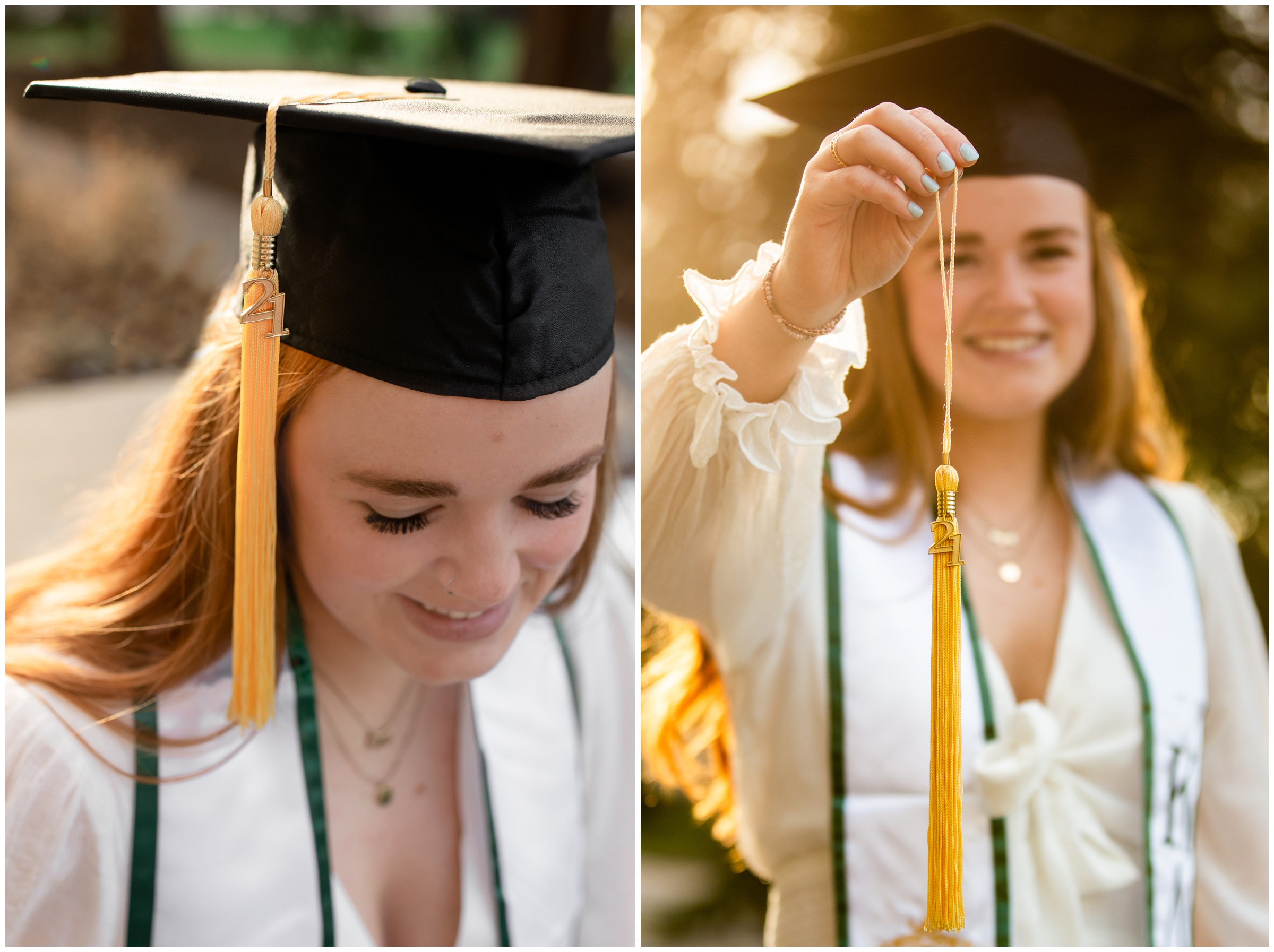young woman holding graduation year tassel during cap and gown photography session in Fort Collins Colorado 