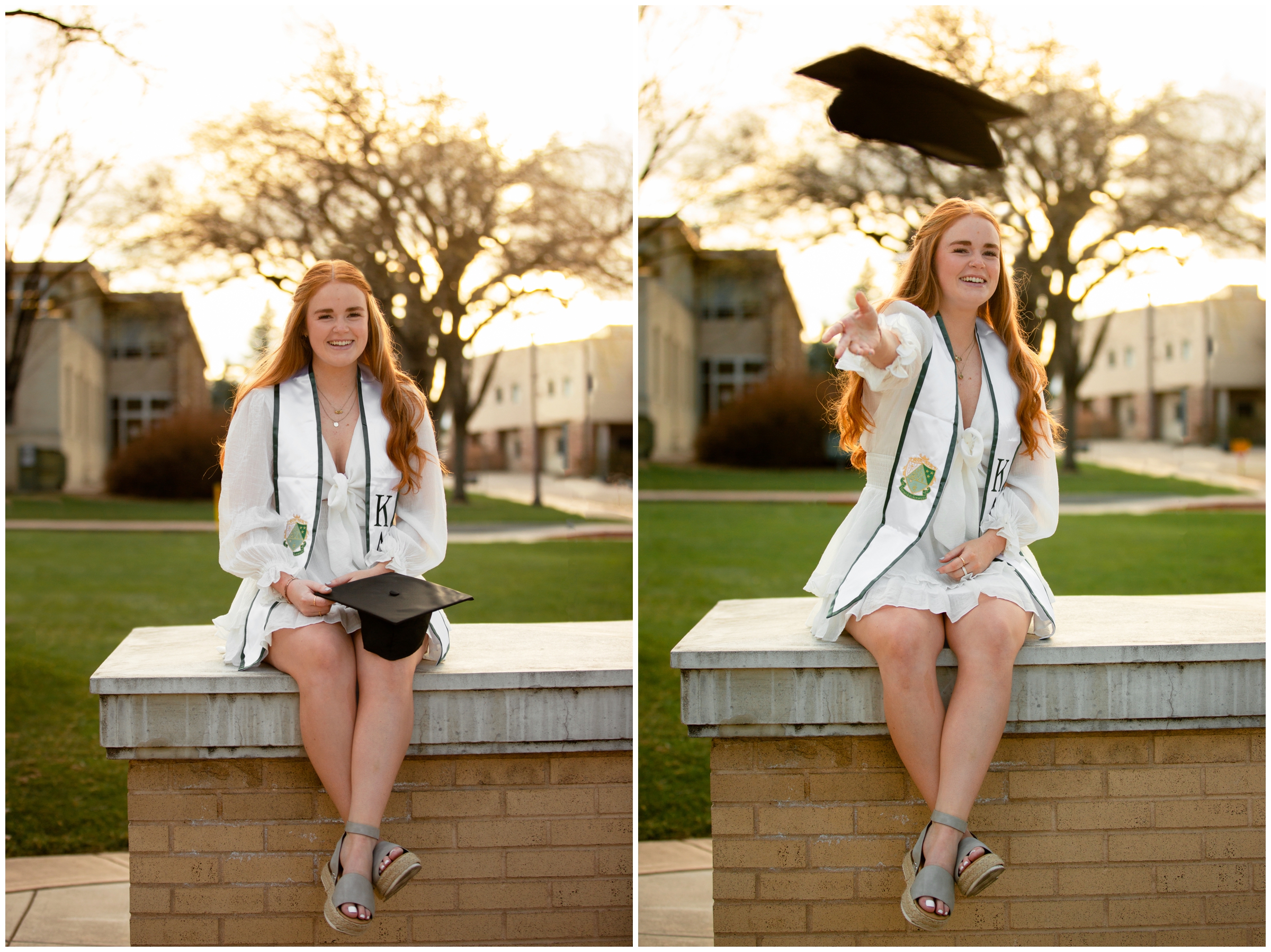 young woman throwing graduation cap during Fort Collins Colorado senior pictures 
