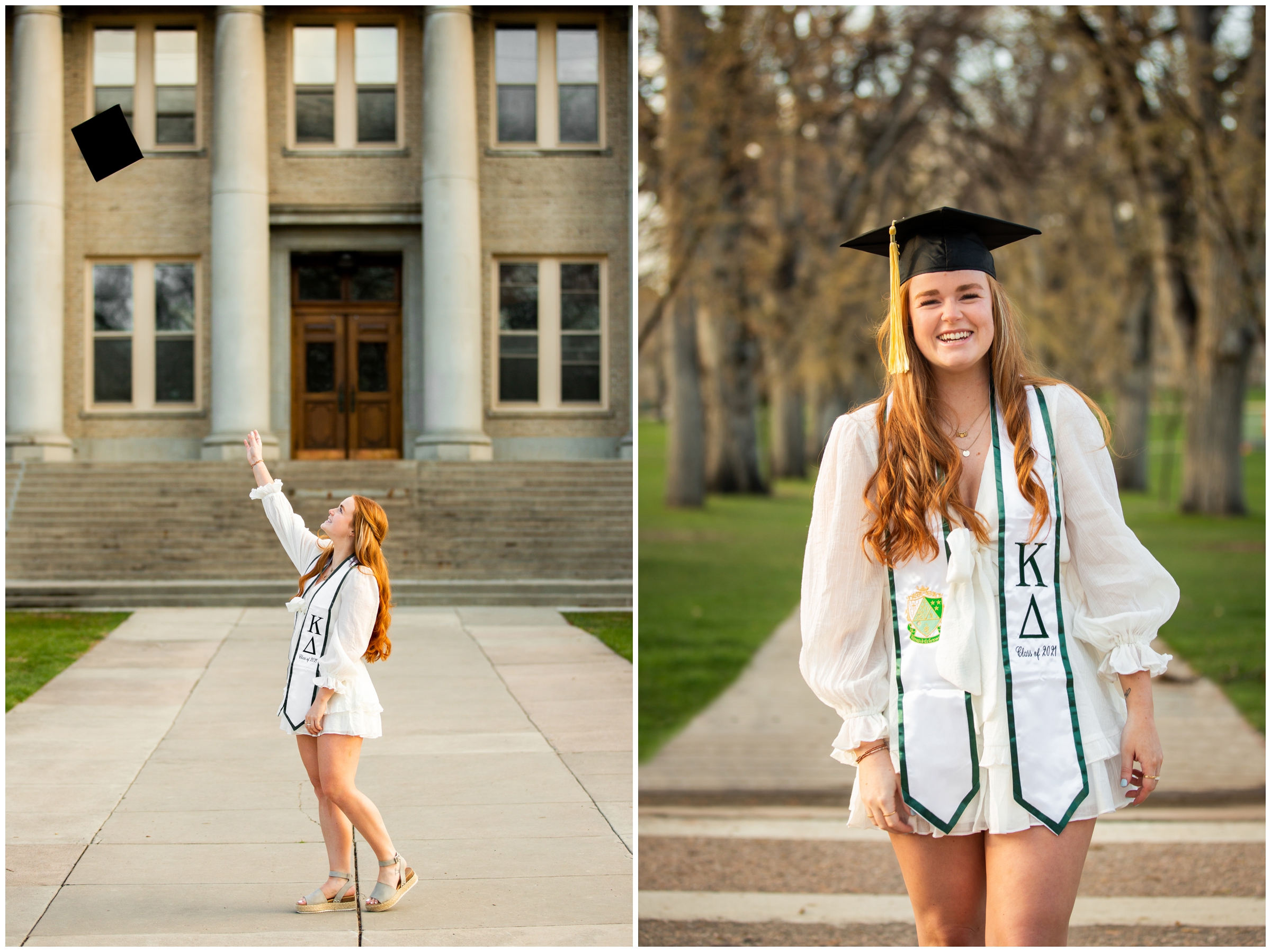 college student throwing her cap during Colorado State University senior photos in Fort Collins 