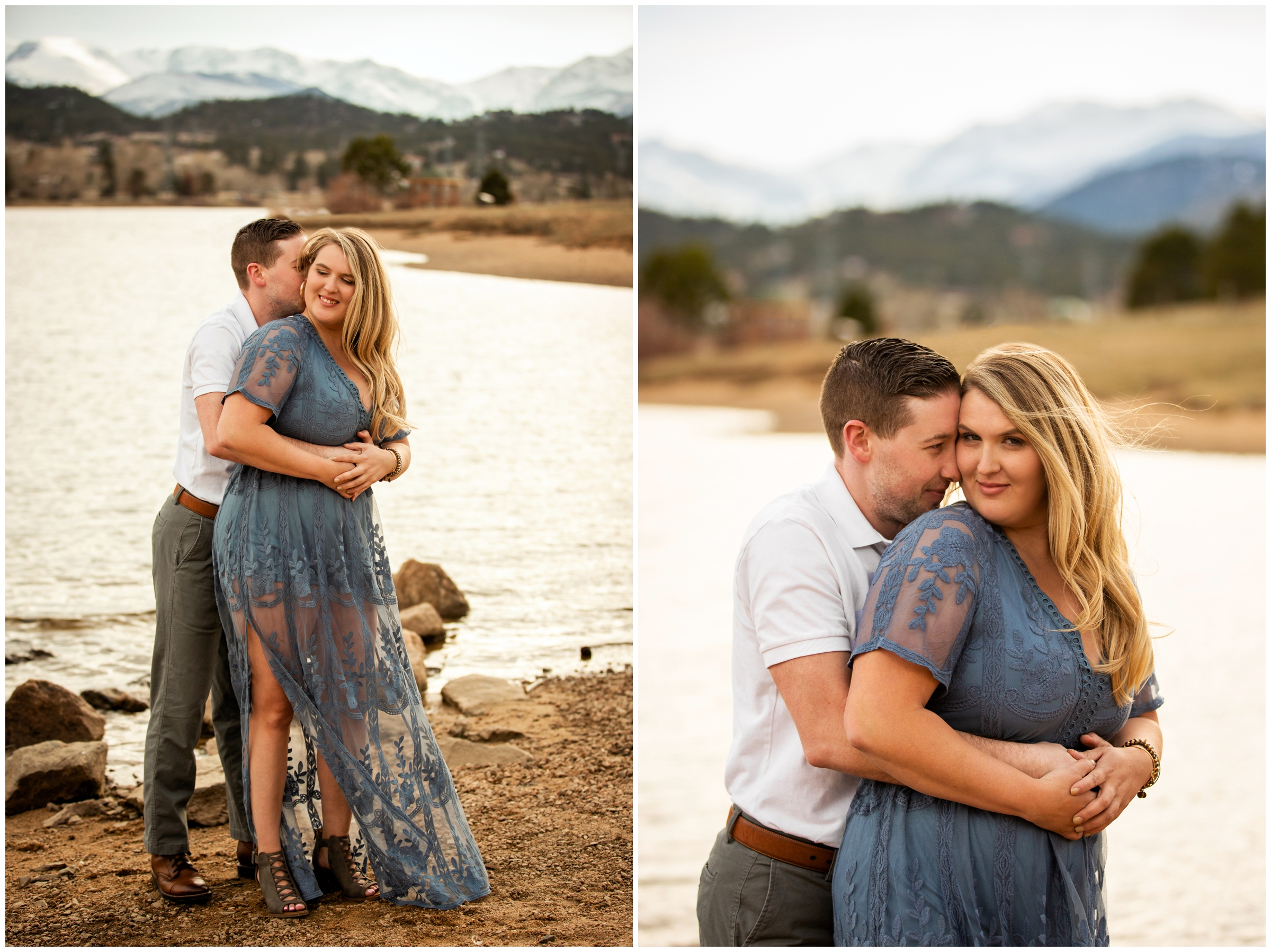 couple embracing with lake and mountains in background at Estes Park Colorado engagement pictures 