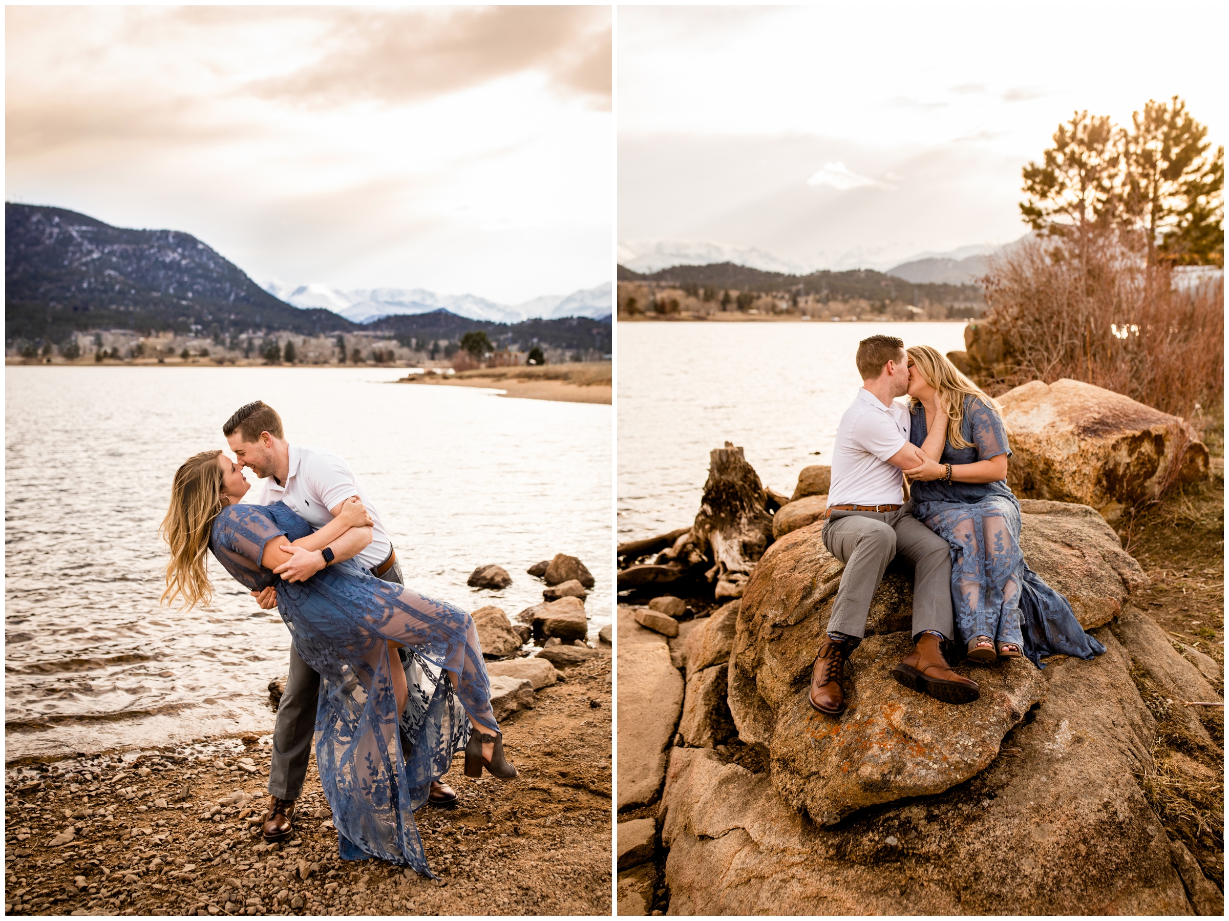 couple kissing at Lake Estes during Colorado mountain engagement photography session 
