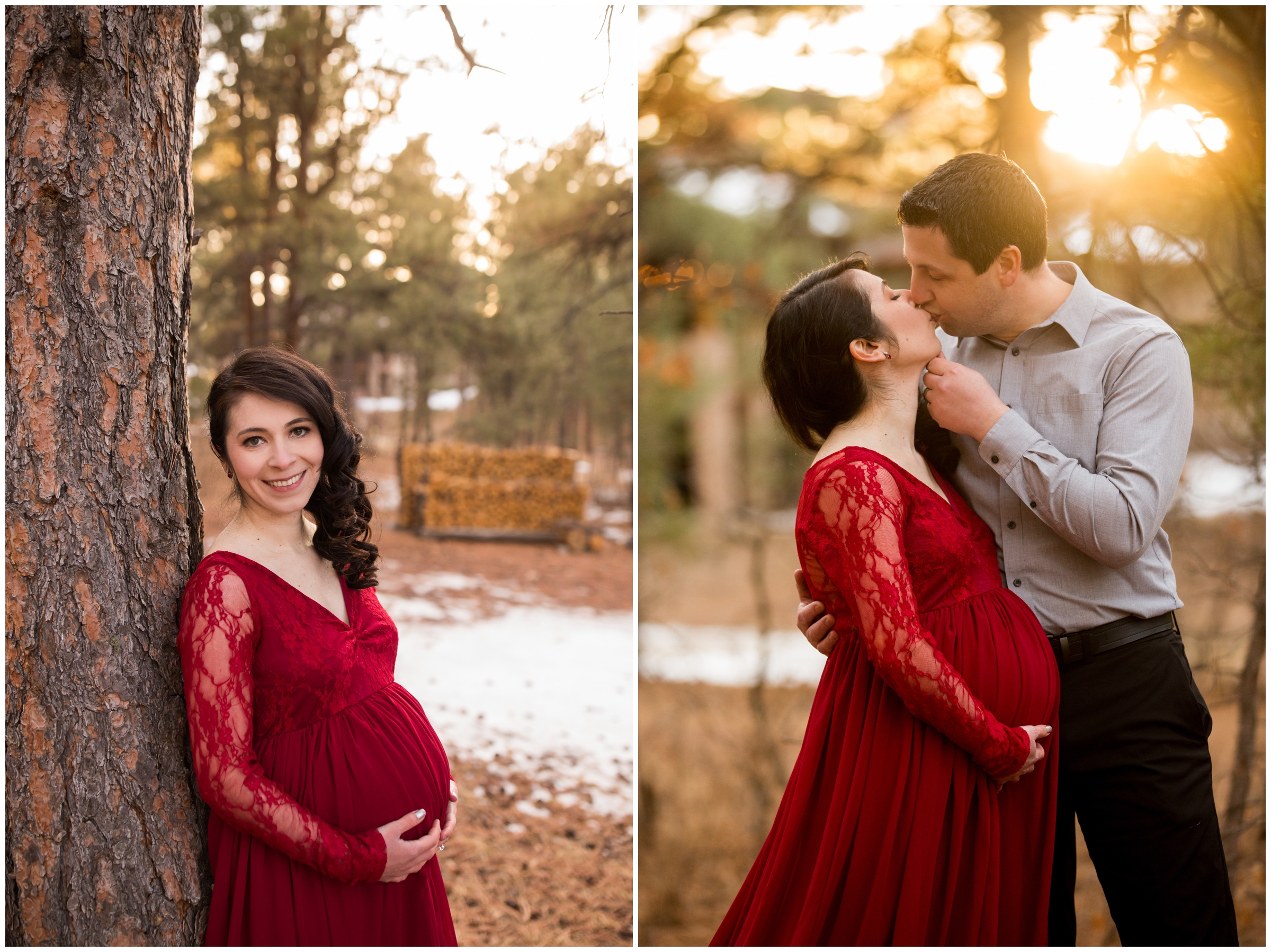 couple kissing in a sunny Colorado forest during pregnancy photo session