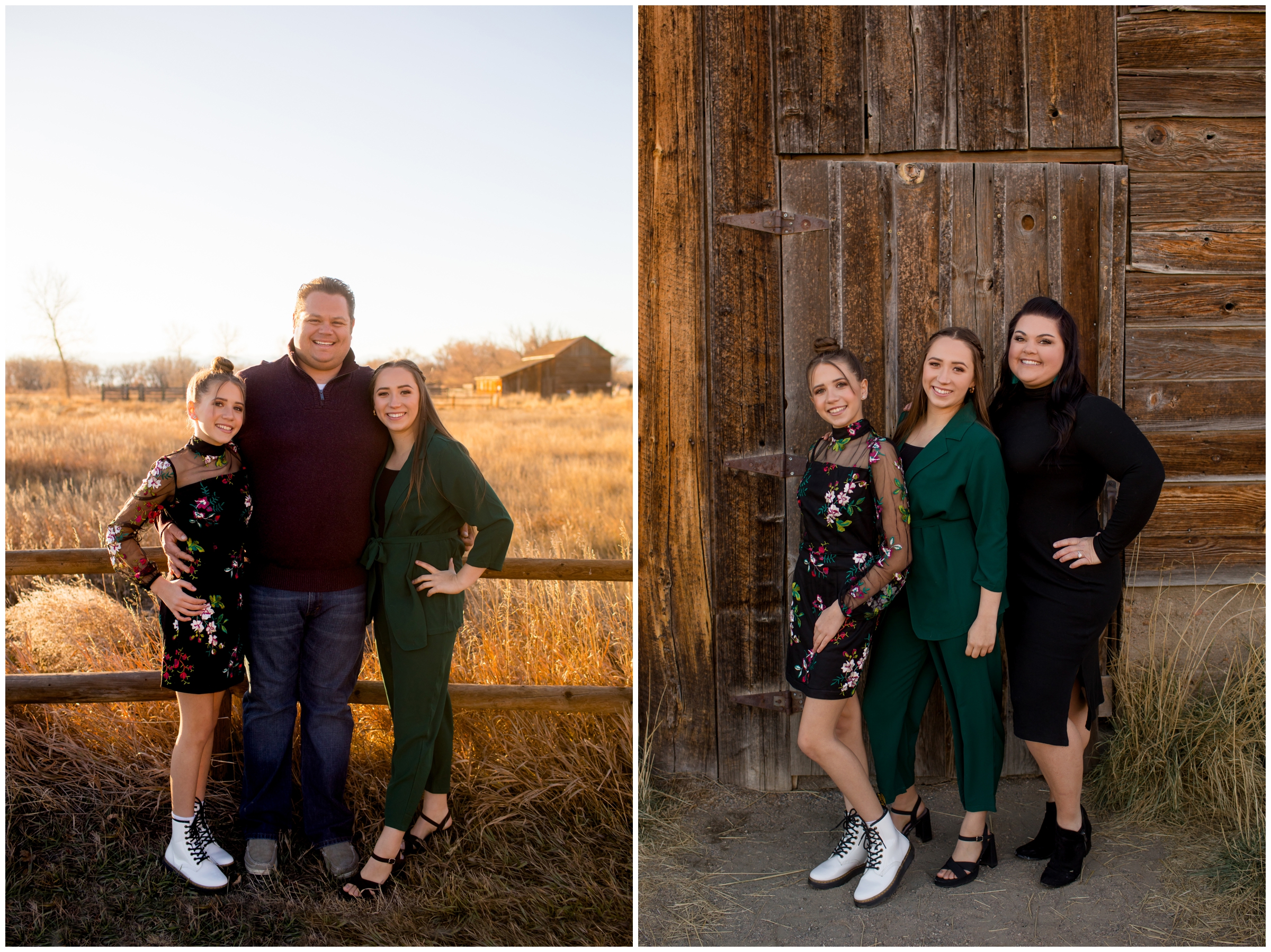 teen girls and stepmom posing against wooden barn at Sandstone Ranch