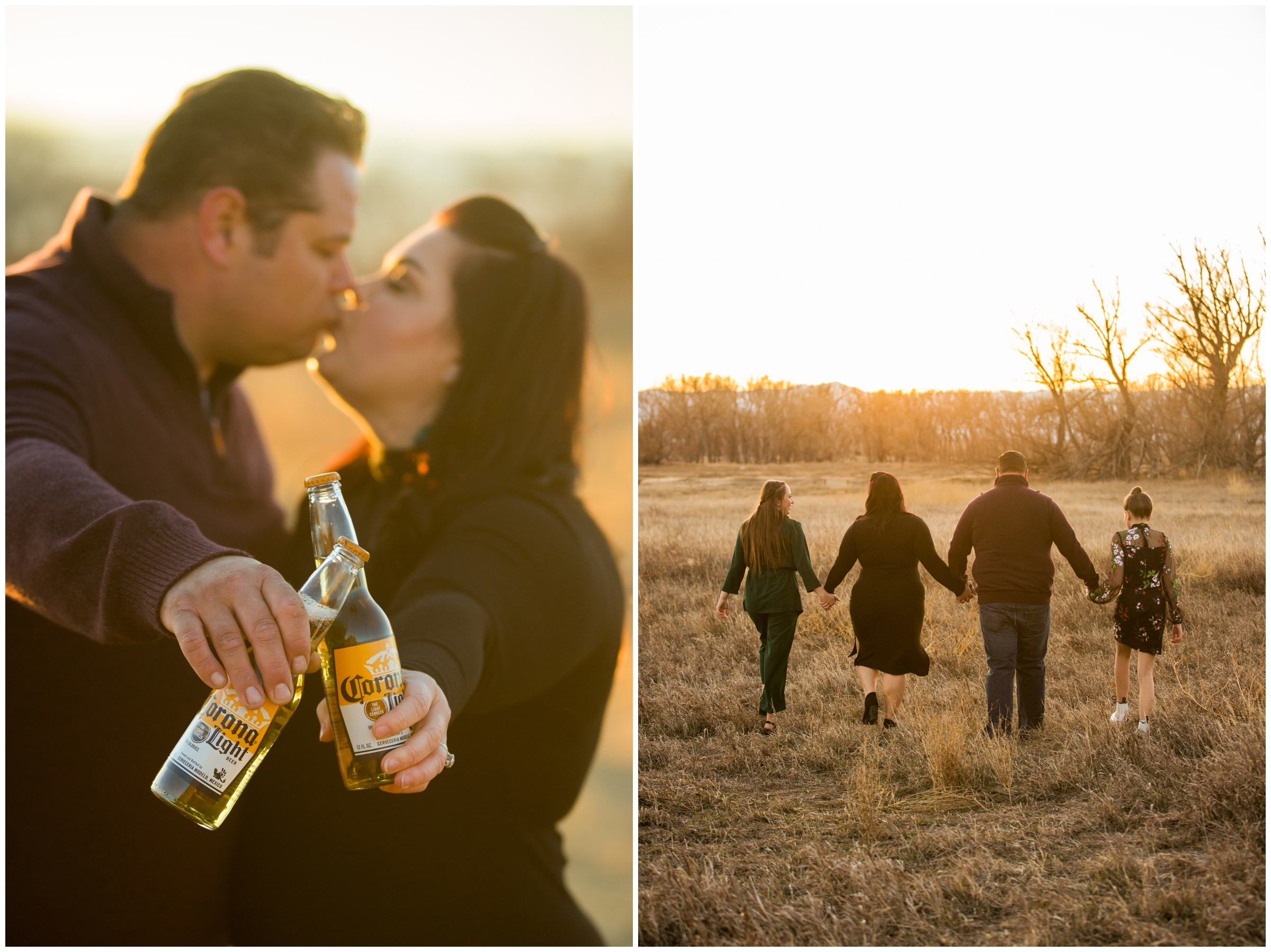 couple doing a cheers with corona beers during Colorado couple's portraits 