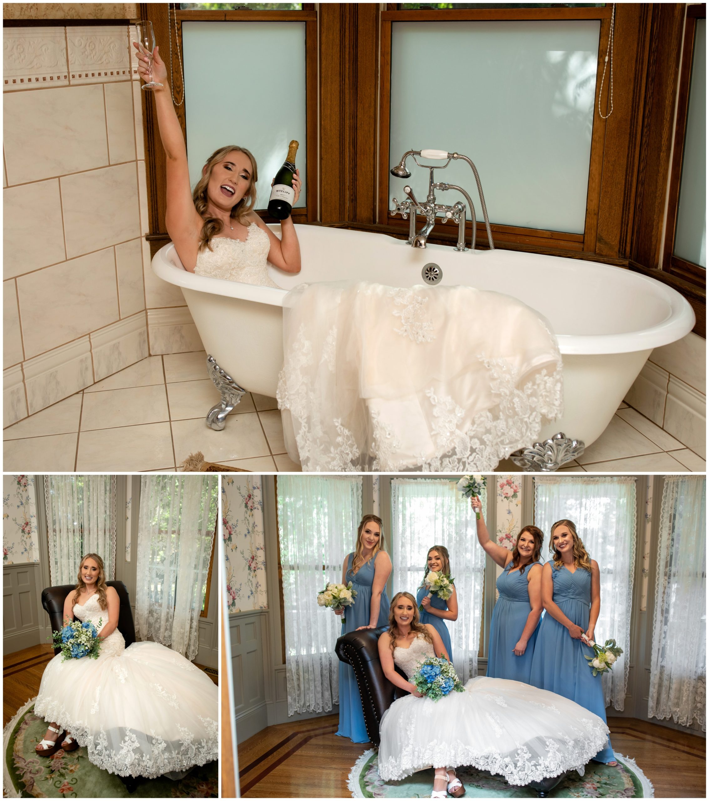 bride in bathtub with champagne at Wedgewood Tapestry House wedding 