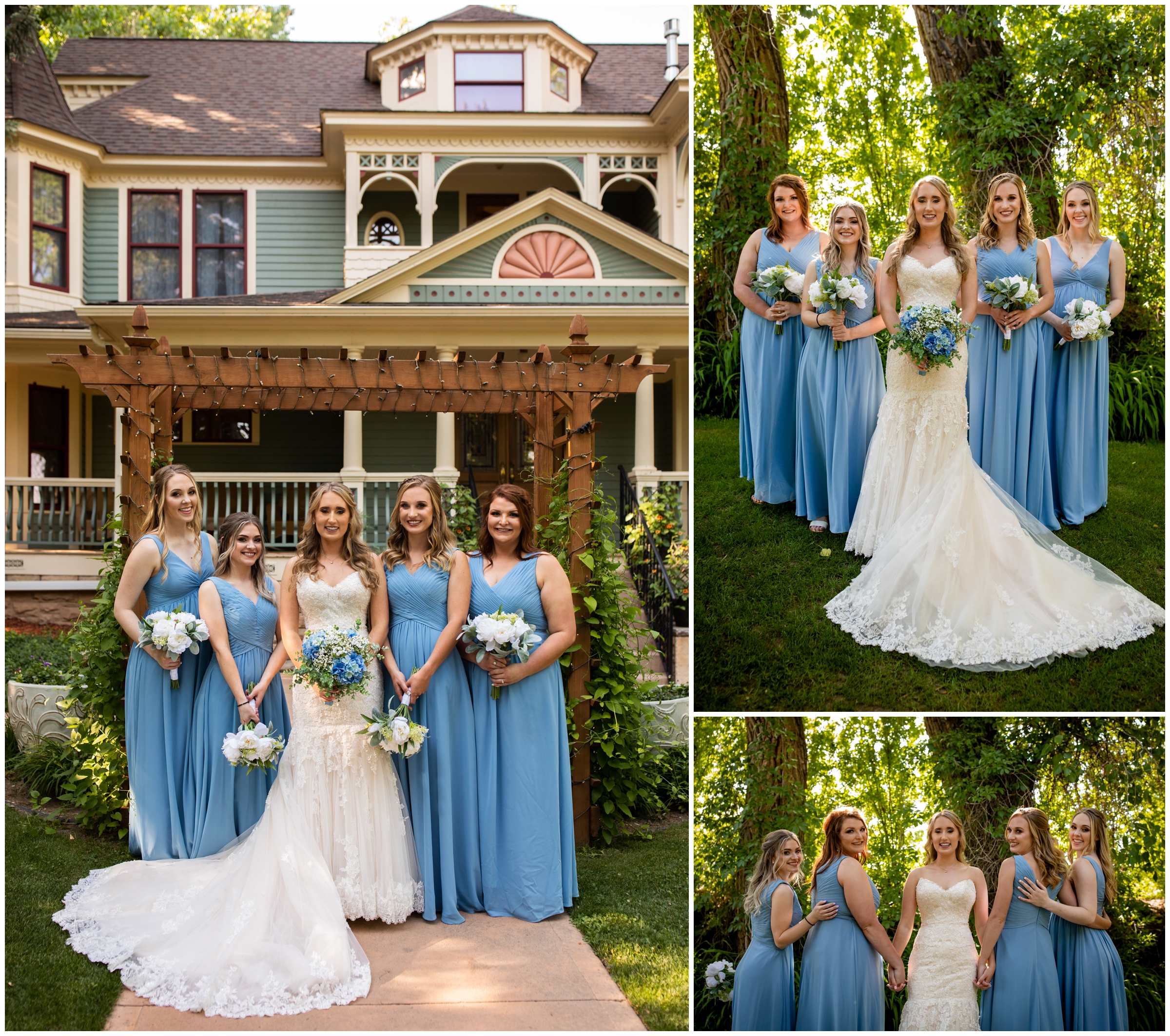 bridesmaids in light blue posing outside the Wedgewood Tapestry House