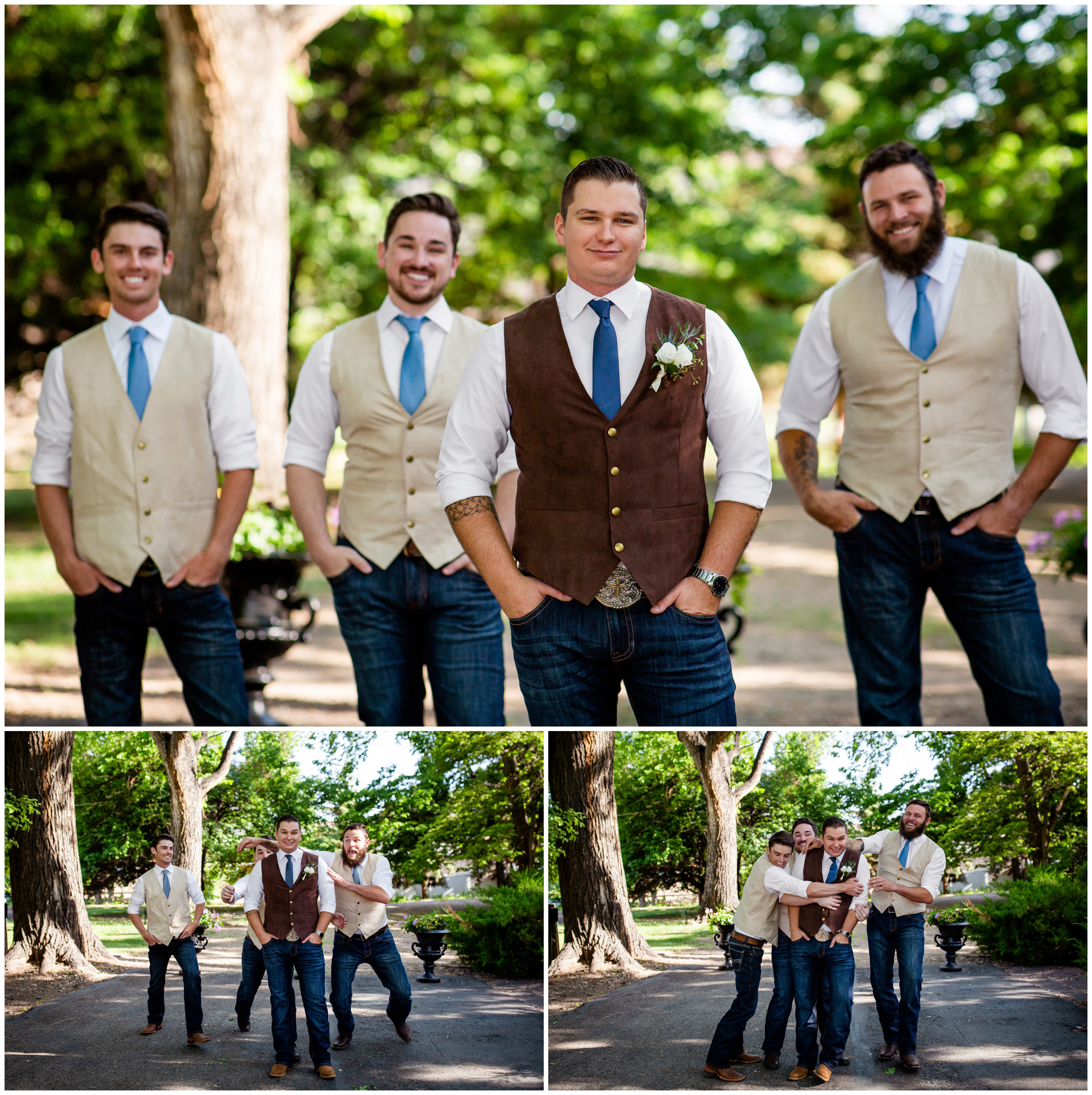 groom and groomsmen in jeans and vests at rustic Colorado wedding