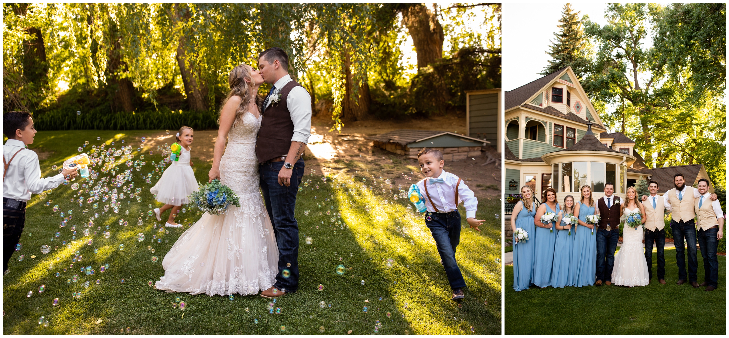 kids running around bride and groom blowing bubbles on them during Fort Collins Colorado garden wedding