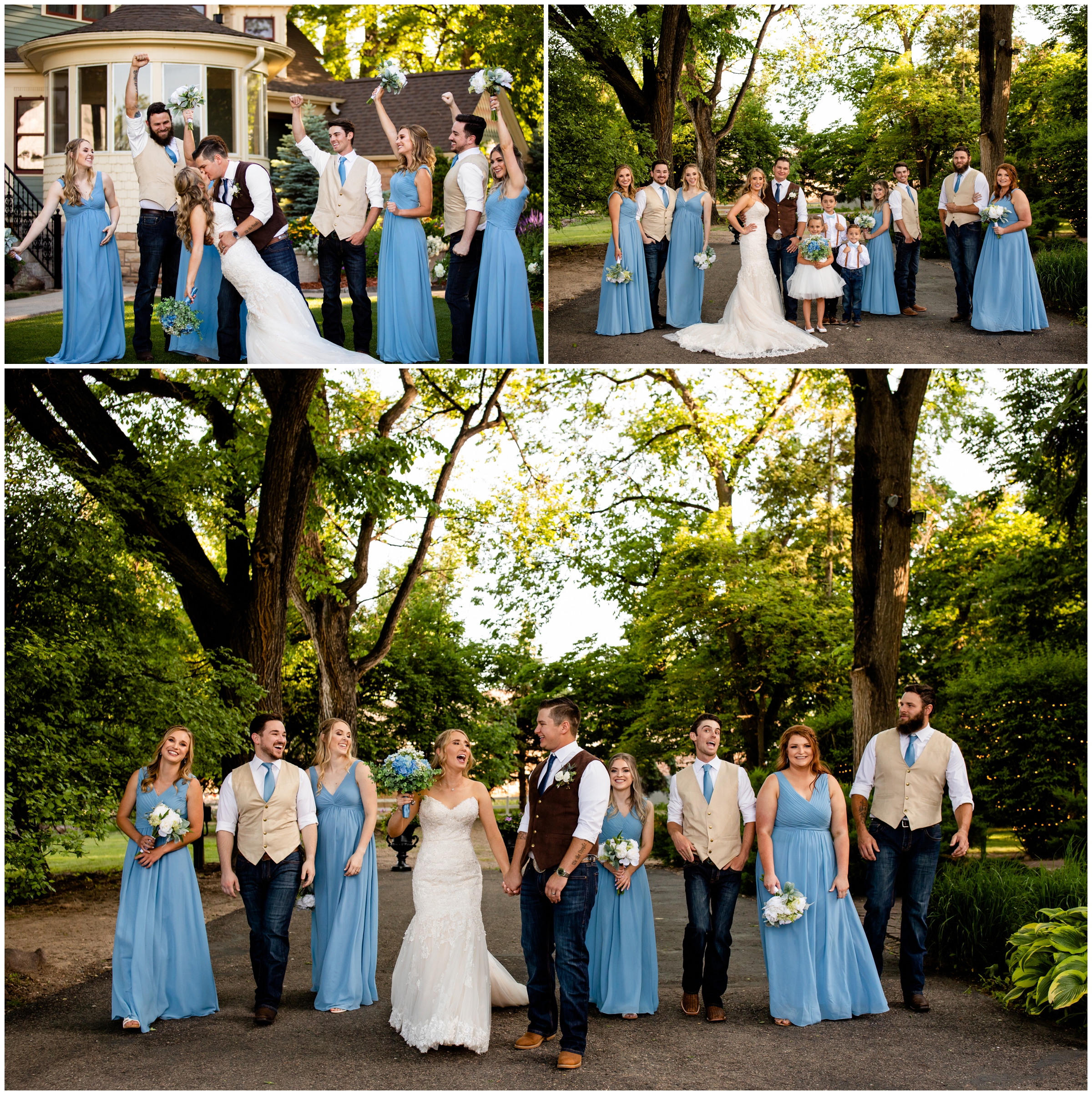 unique wedding party portraits with bridal party in blue and beige 