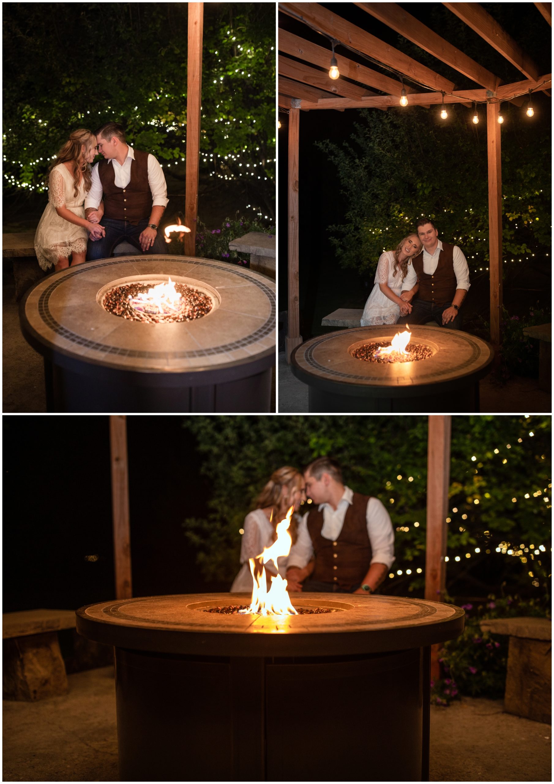 nighttime wedding pictures by a firepit at Ft. Collins Colorado summer wedding