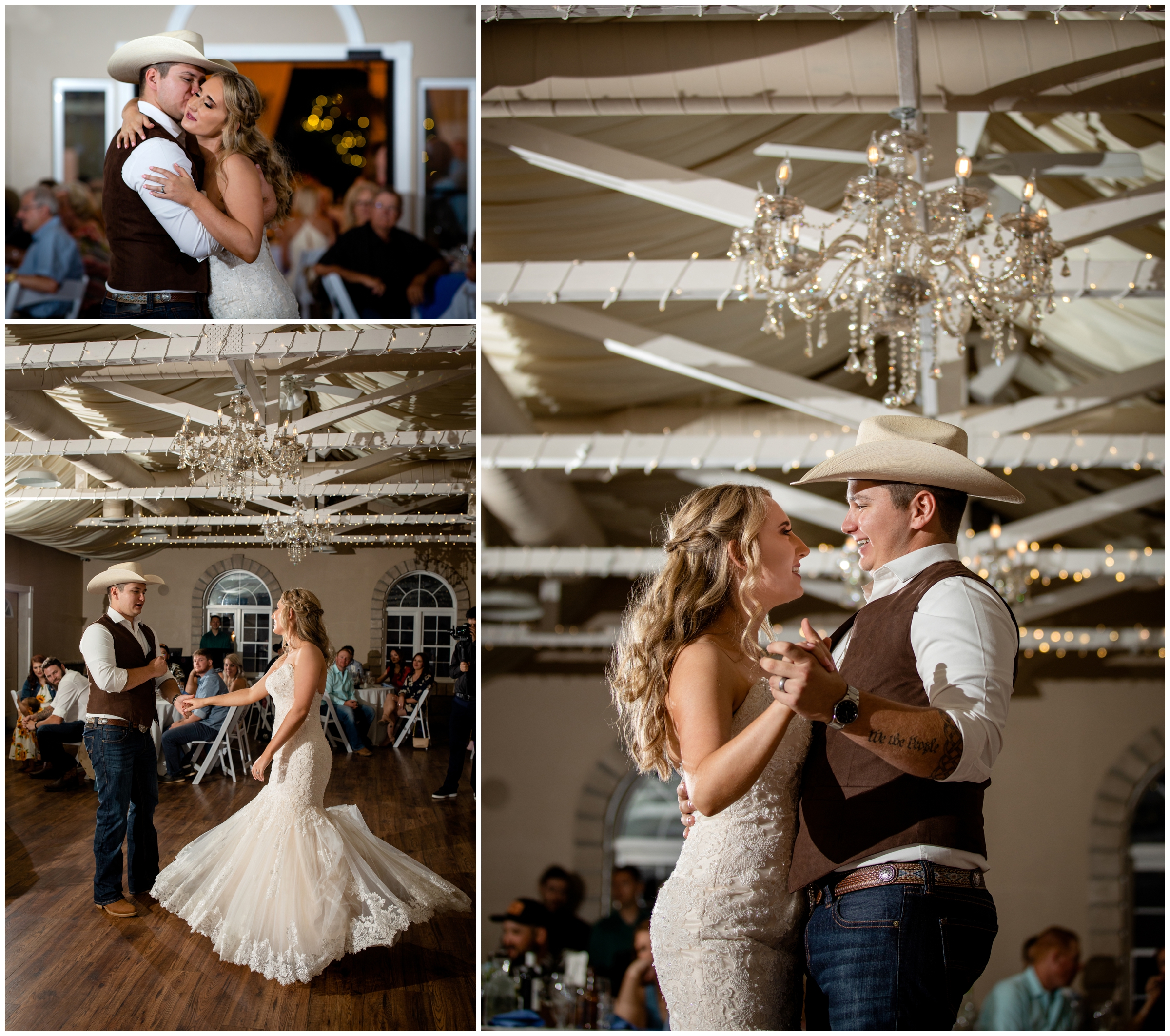 first dance under a chandelier at Tapestry House wedding reception 