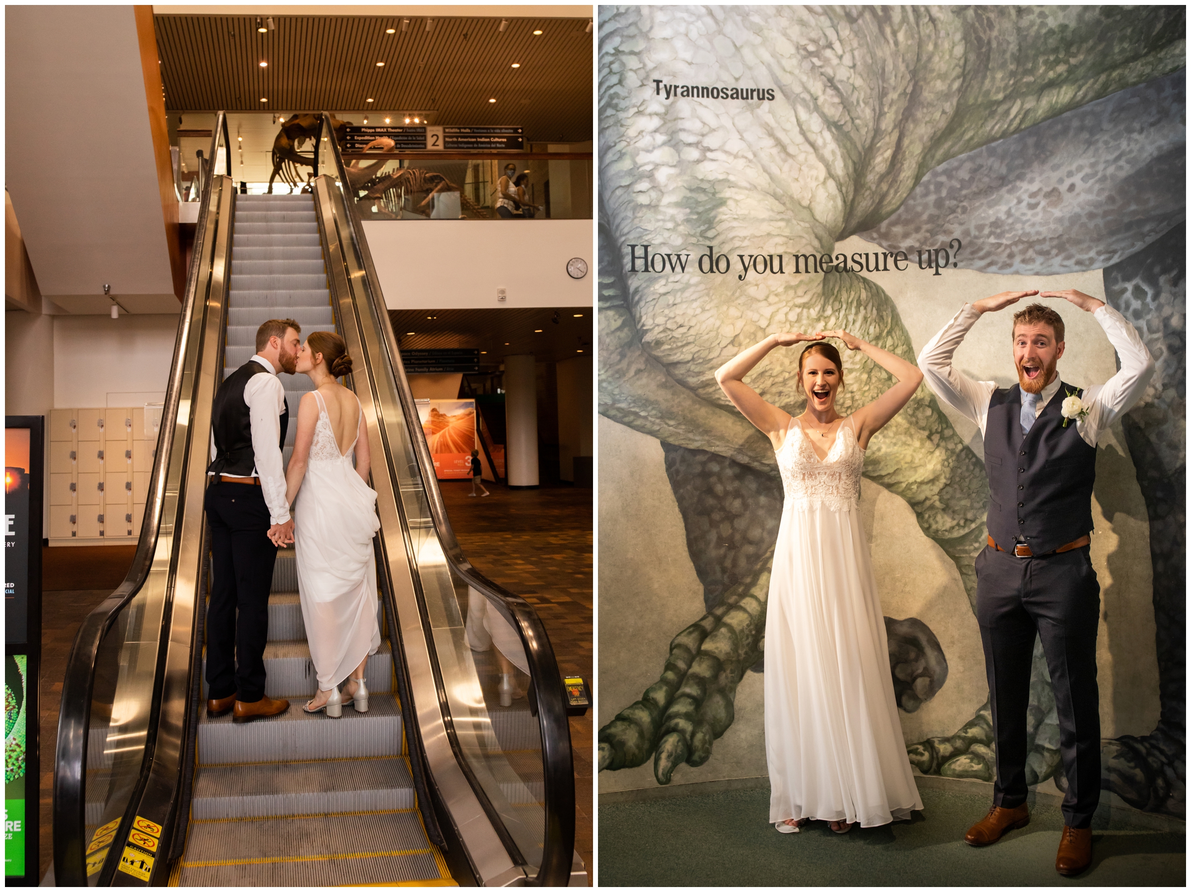 bride and groom kissing on escalator during urban Denver Colorado wedding photos