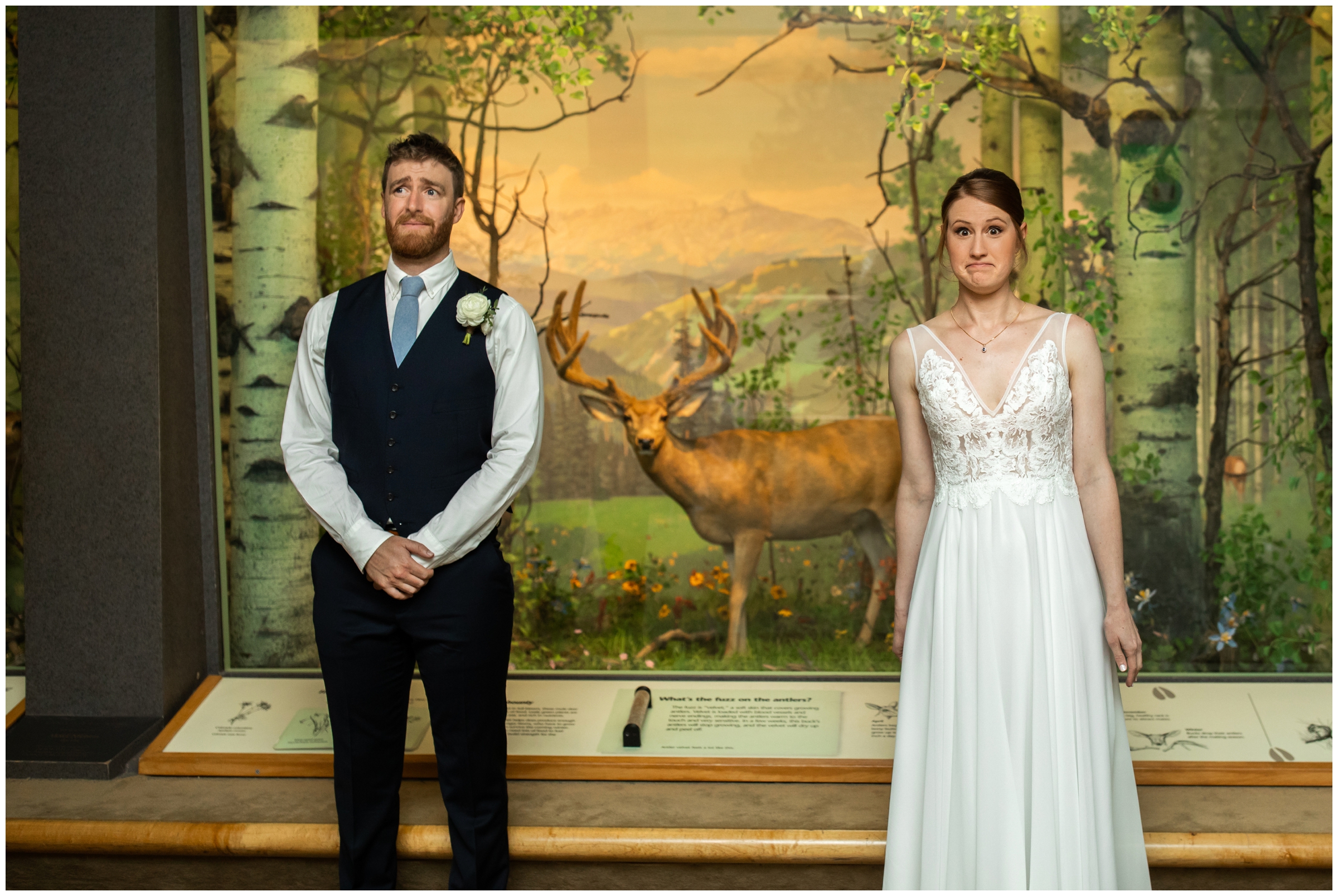 bride and groom acting like deer in headlights during unique Denver museum wedding pictures 