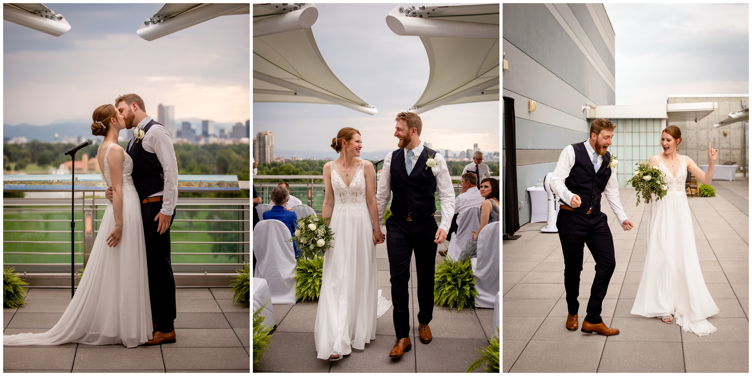 first kiss during rooftop Denver Colorado wedding ceremony 