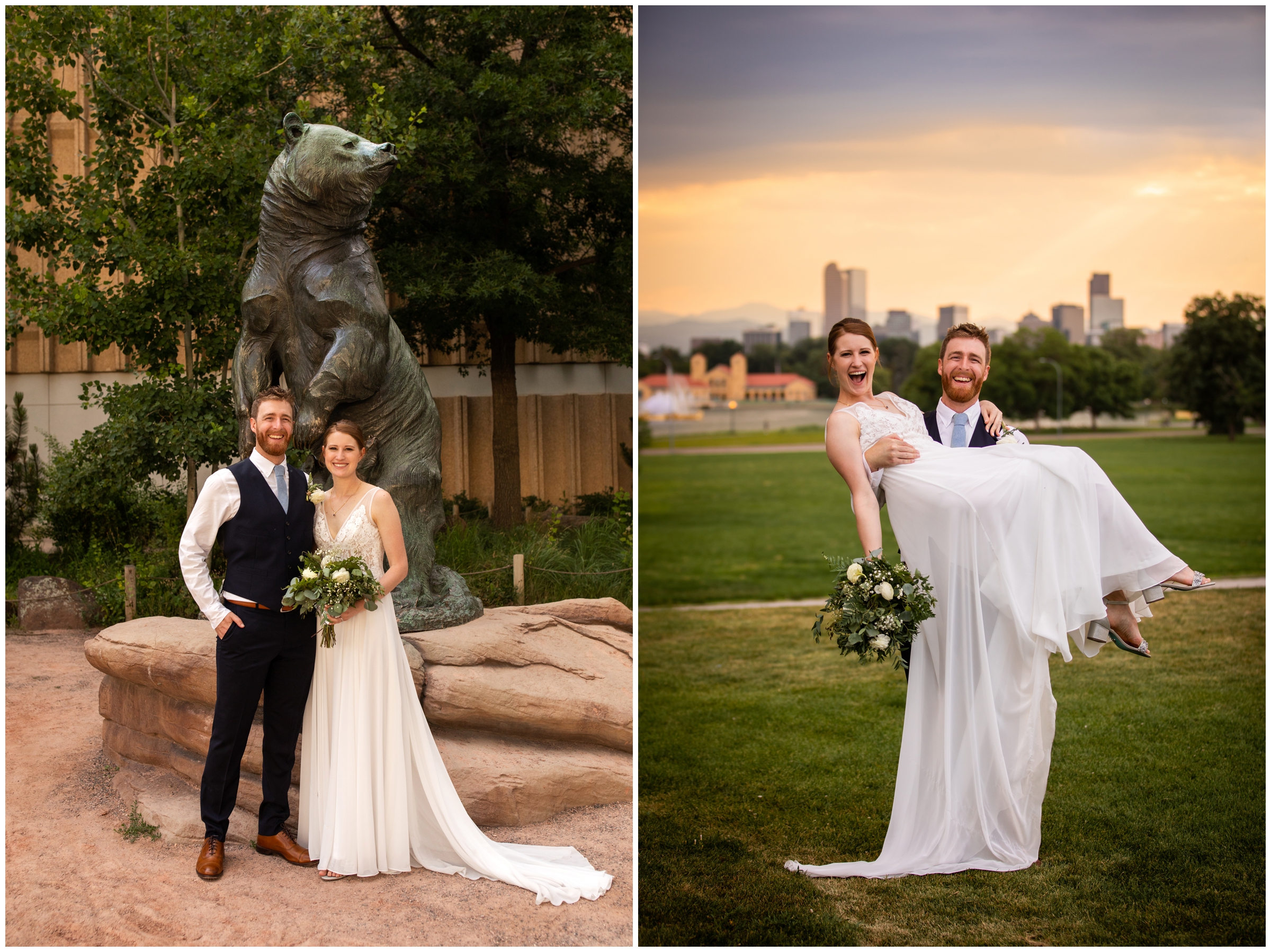 groom picking up bride with Denver skyline in the background during Colorado summer wedding portraits 