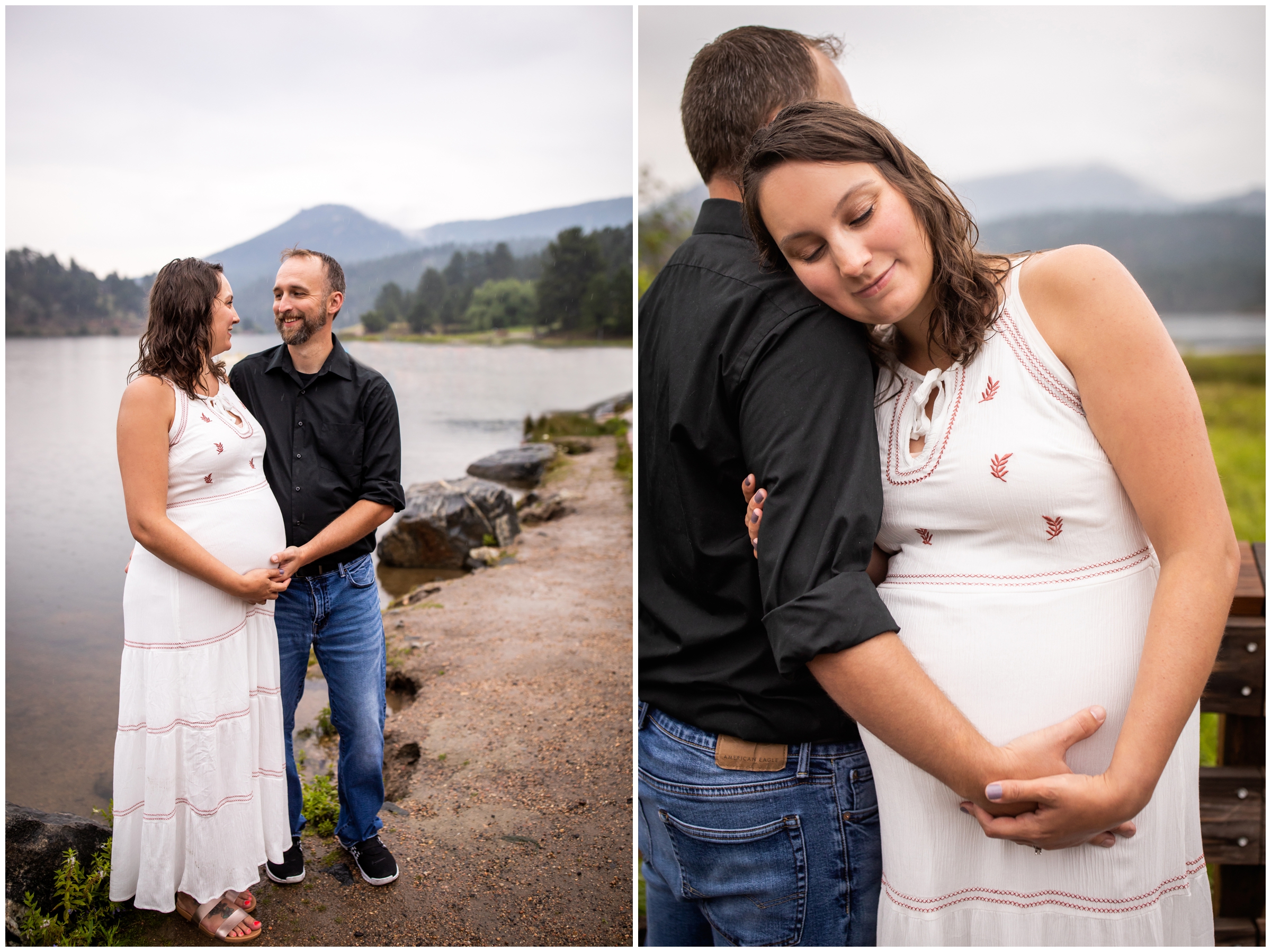 rainy maternity photos in the Colorado mountains at Evergreen Lake