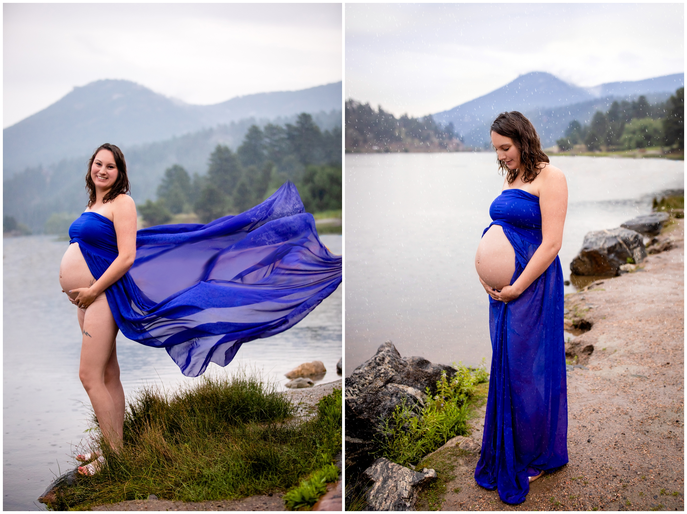 pregnant woman standing next to a lake in royal blue maternity dress 