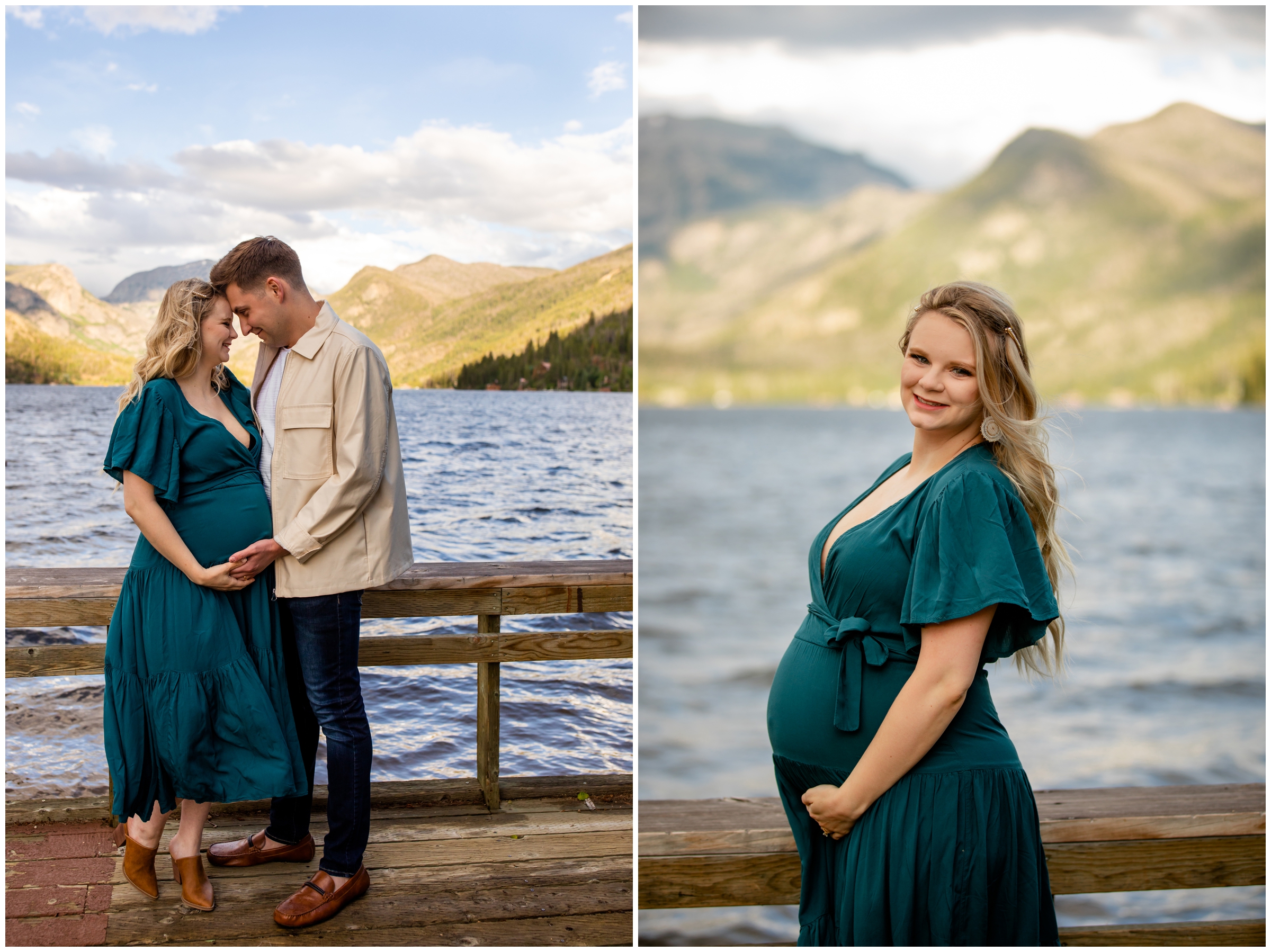 Colorado maternity portraits near a mountain lake in Grand Lake CO