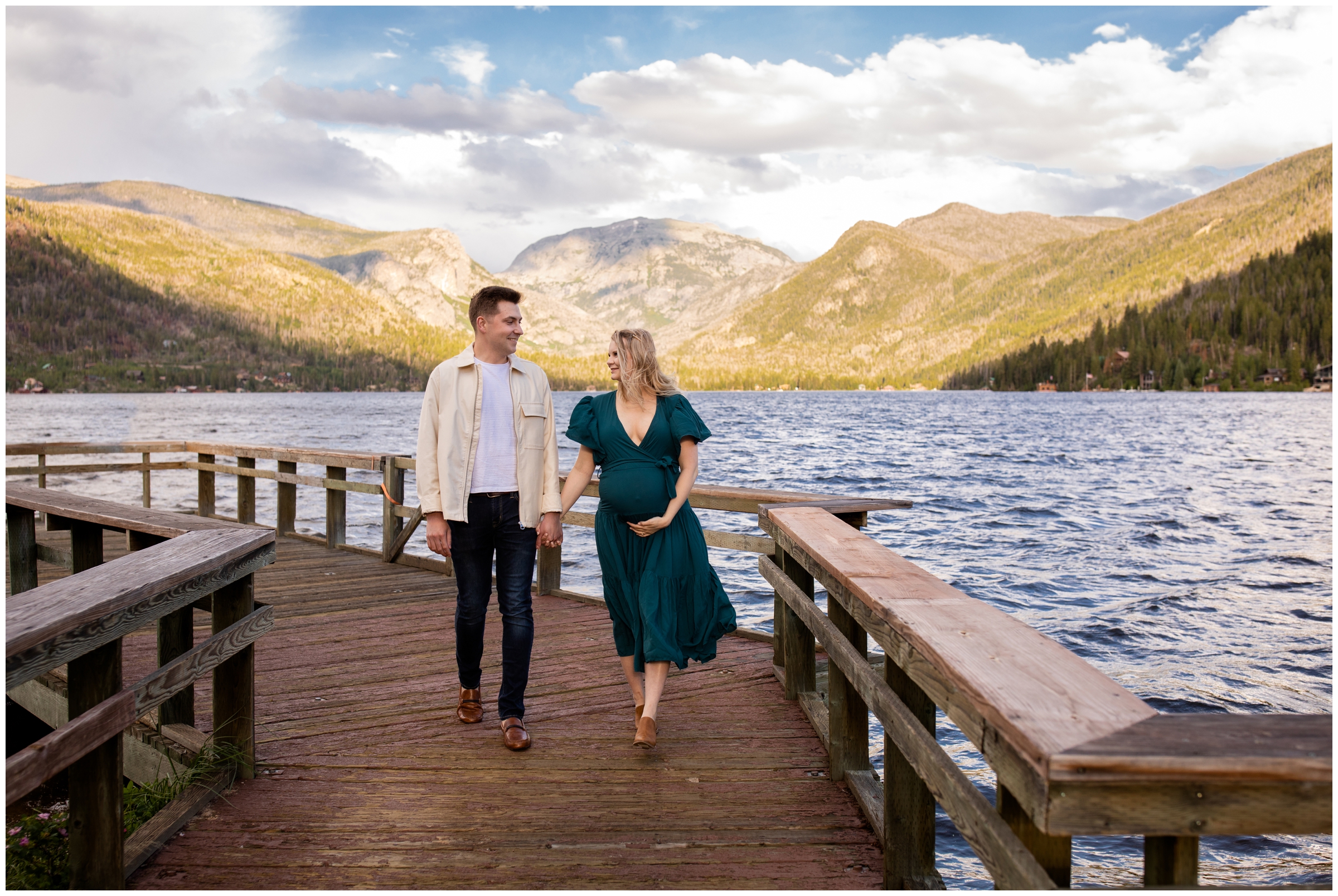 couple walking on dock at Point Park in Grand Lake Colorado 