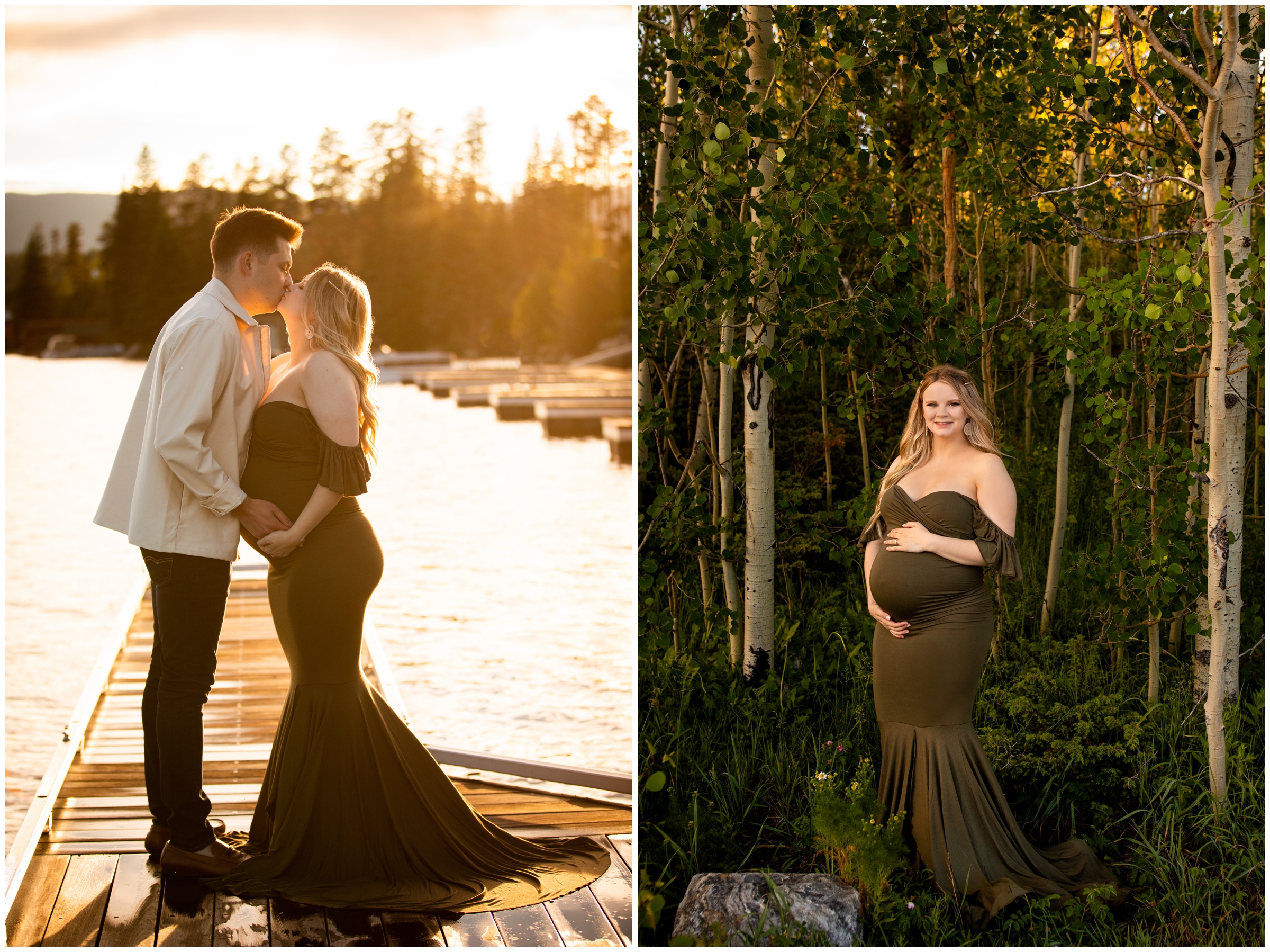 couple kissing on dock of mountain lake during Grand Lake Colorado maternity pictures 