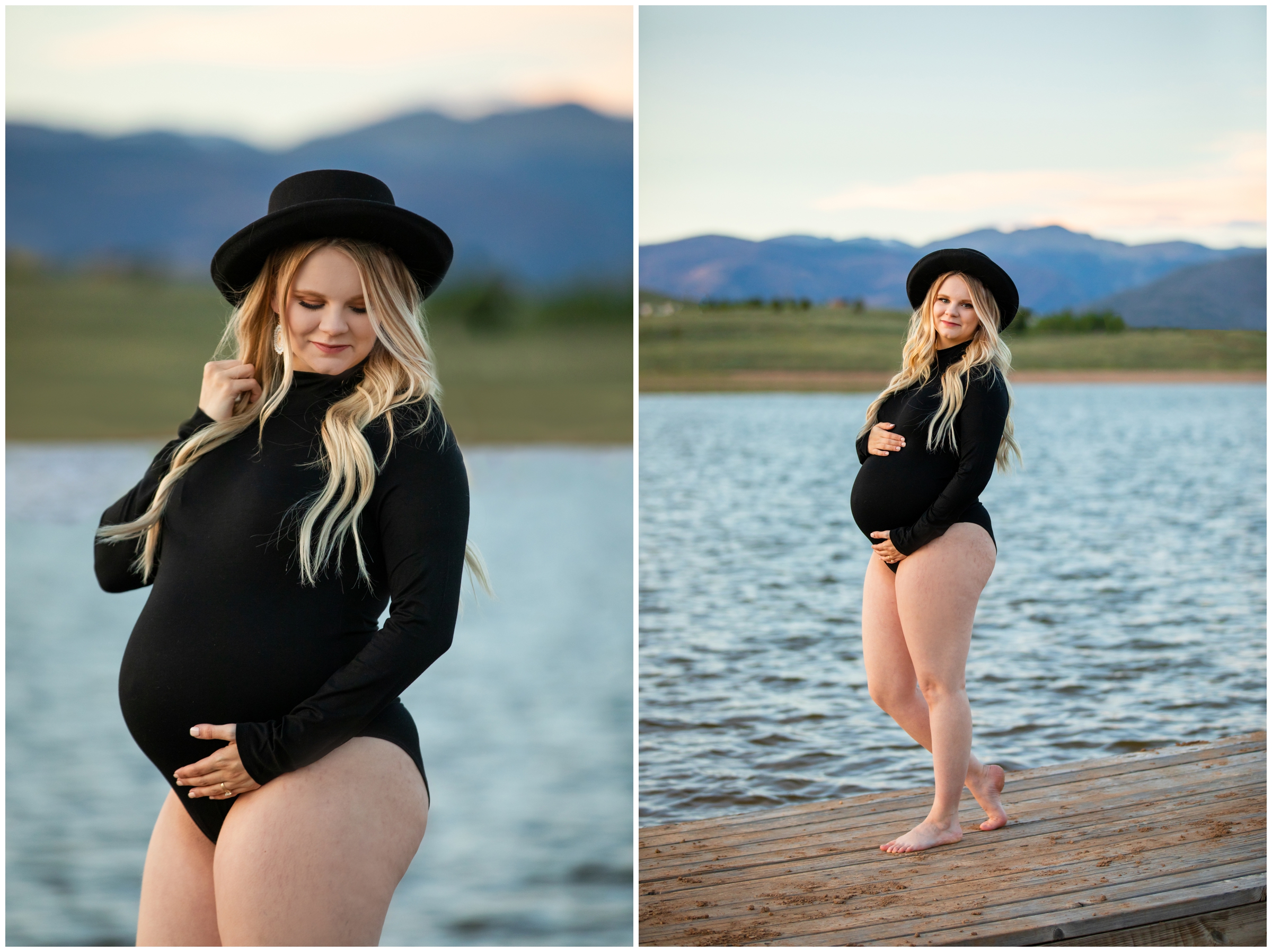 pregnant woman posing on dock at Lake Granby in Colorado mountains 