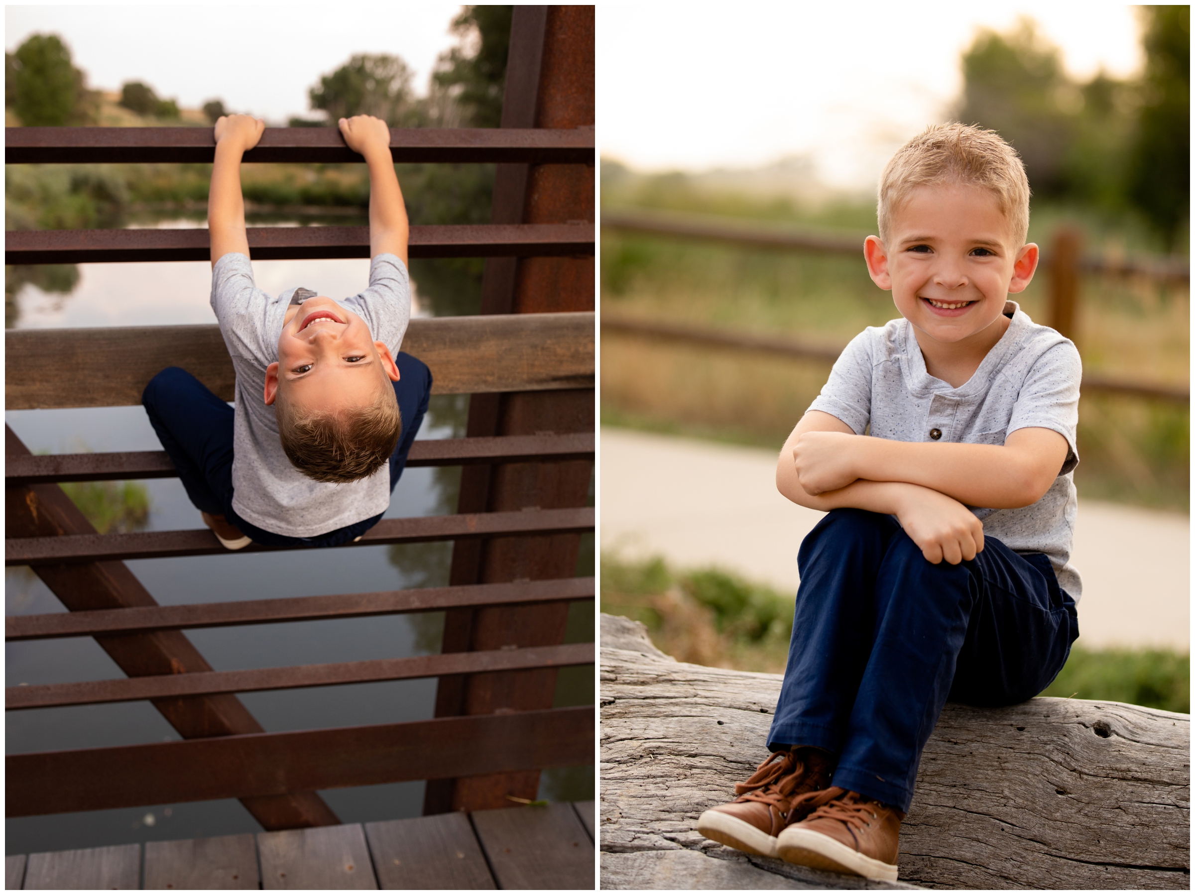 little boy posing on a bridge at Sandstone Ranch in Longmont 
