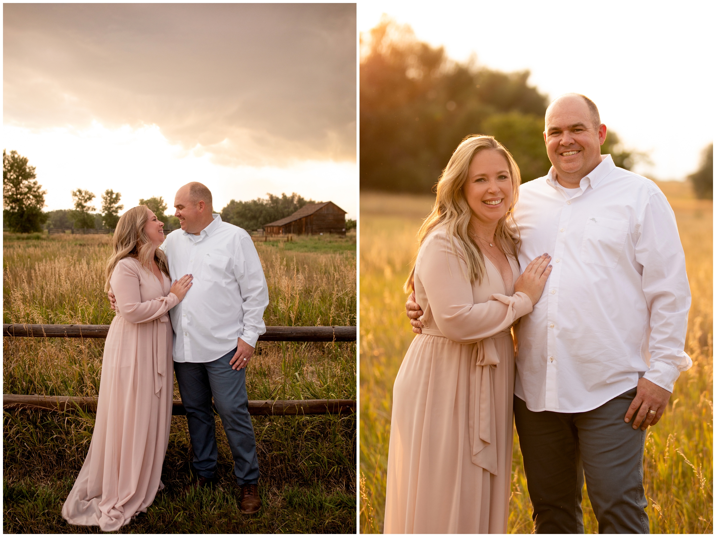 couple posing with barn in background at Sandstone Ranch Longmont Colorado anniversary portraits 