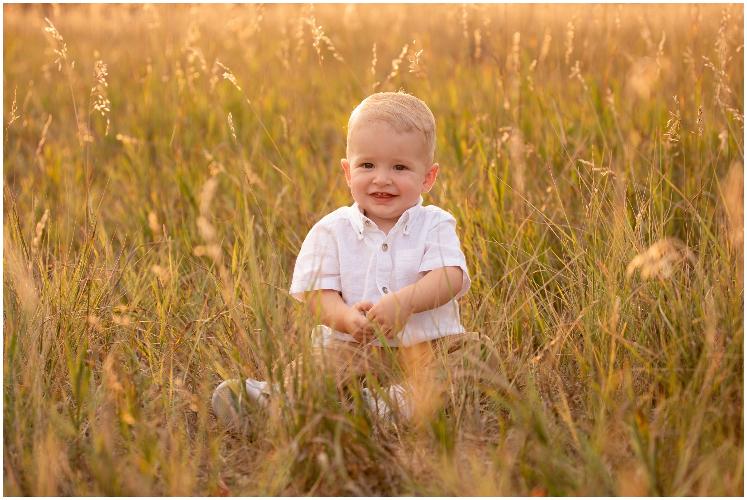 little boy sitting in field of long grasses during Colorado family photography session at Sandstone Ranch in Longmont 
