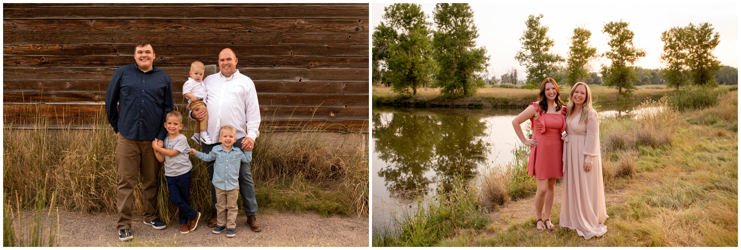 family posing in front of rustic wooden barn at Sandstone Ranch Longmont family pictures 