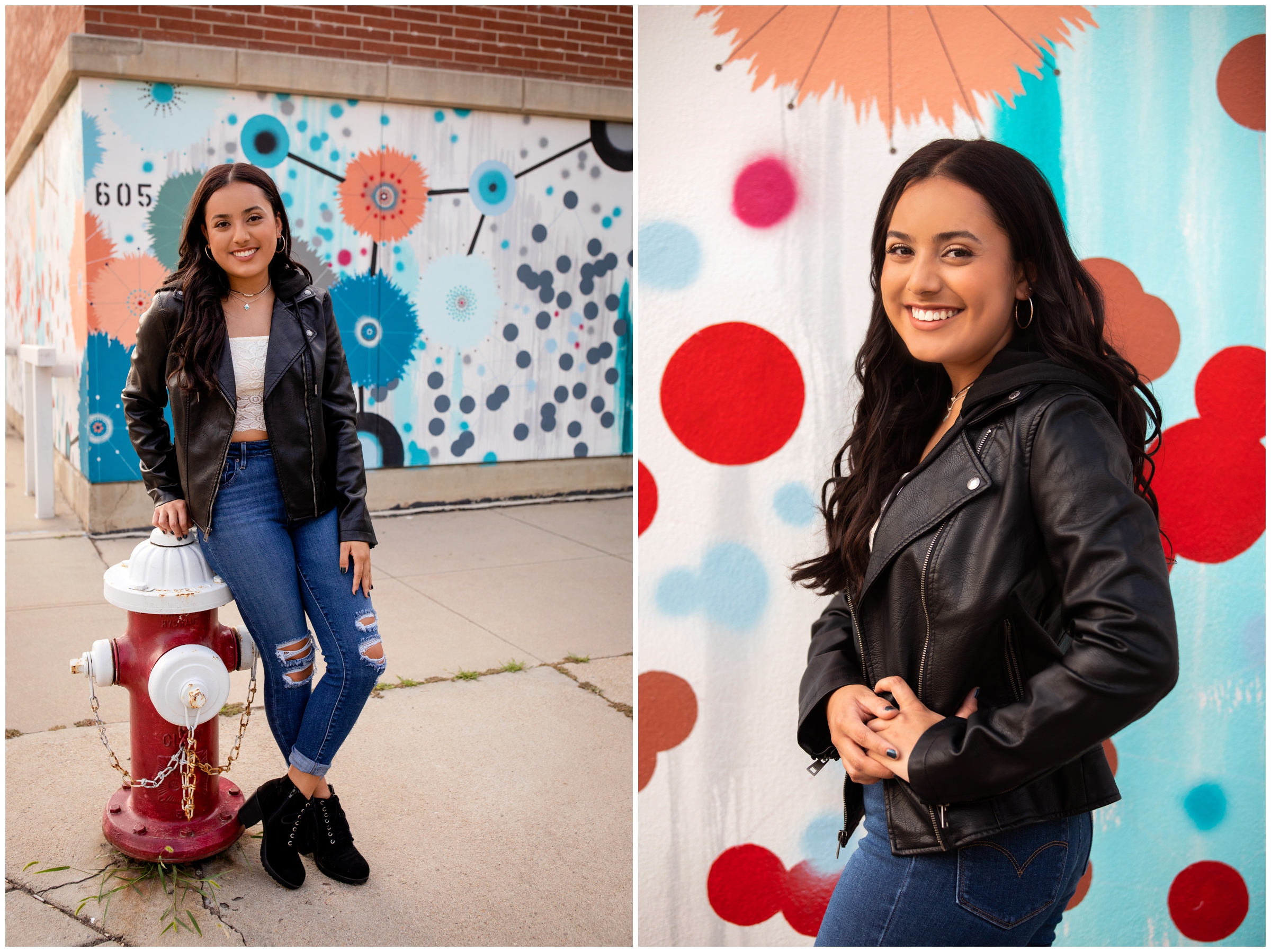 teen posing against urban wall mural during Longmont senior photo shoot 