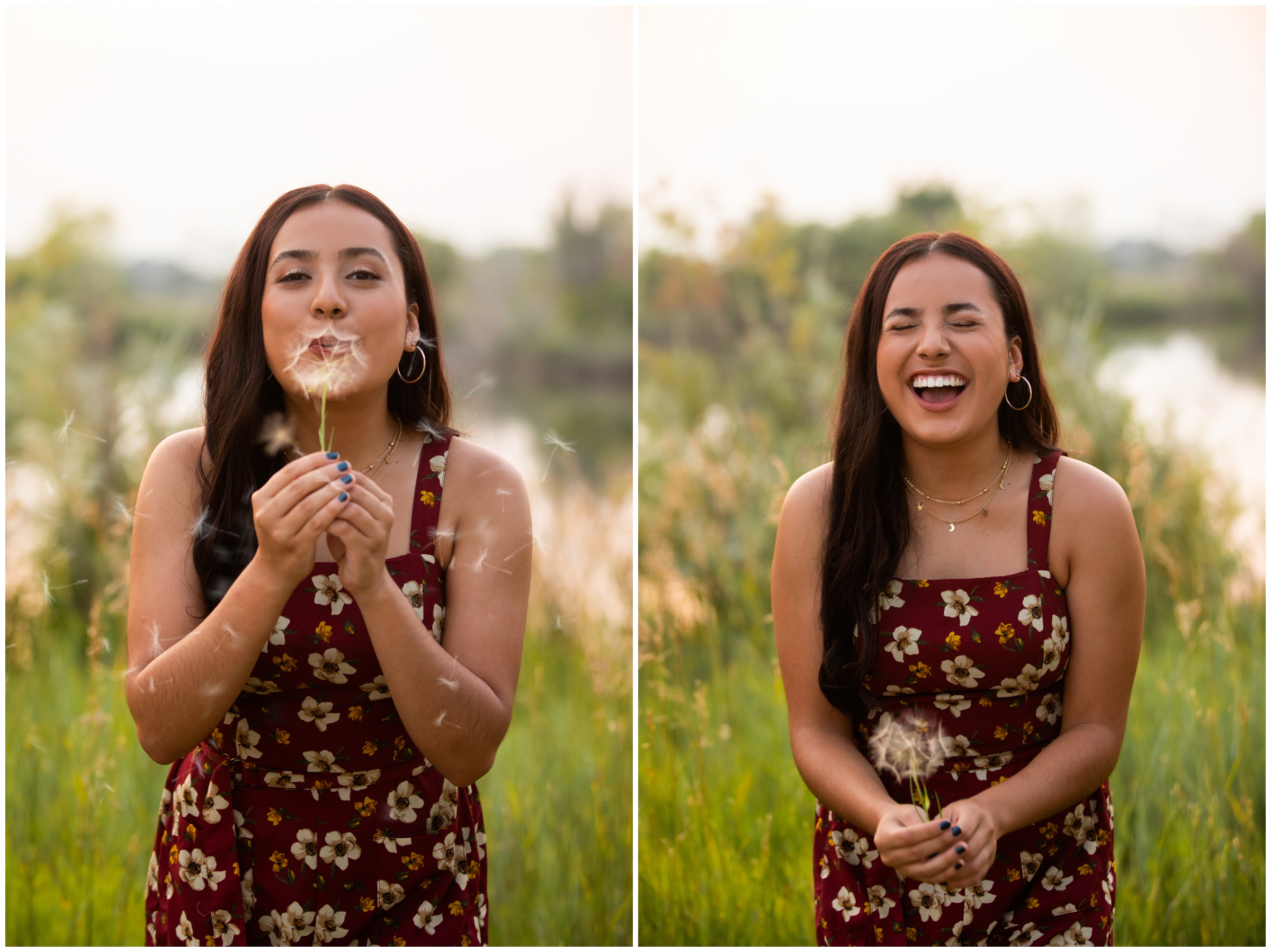 teen blowing on dandelion during Golden Ponds Colorado senior photography session 