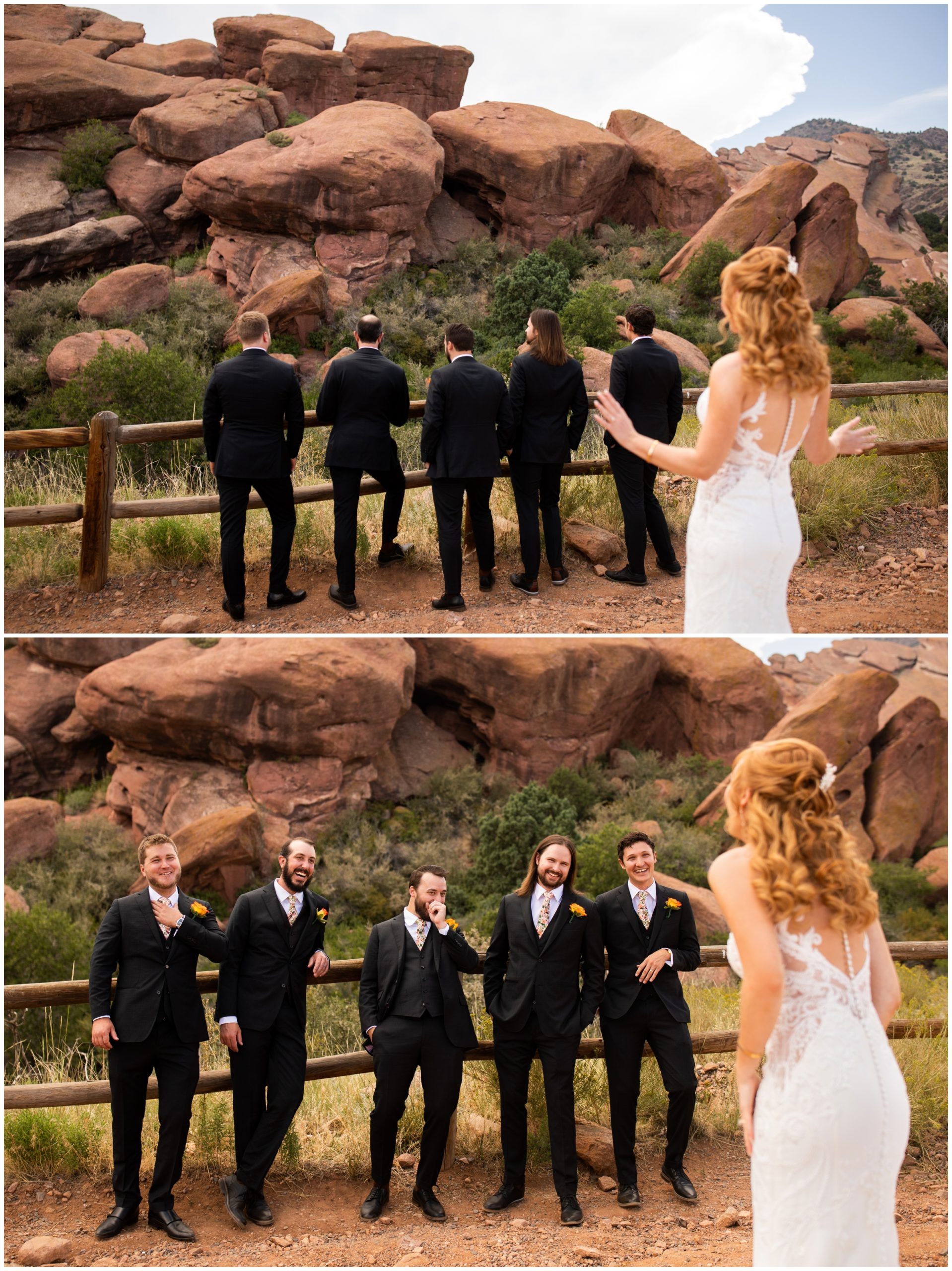 bride doing a first look with the groomsmen at red rocks Colorado wedding 