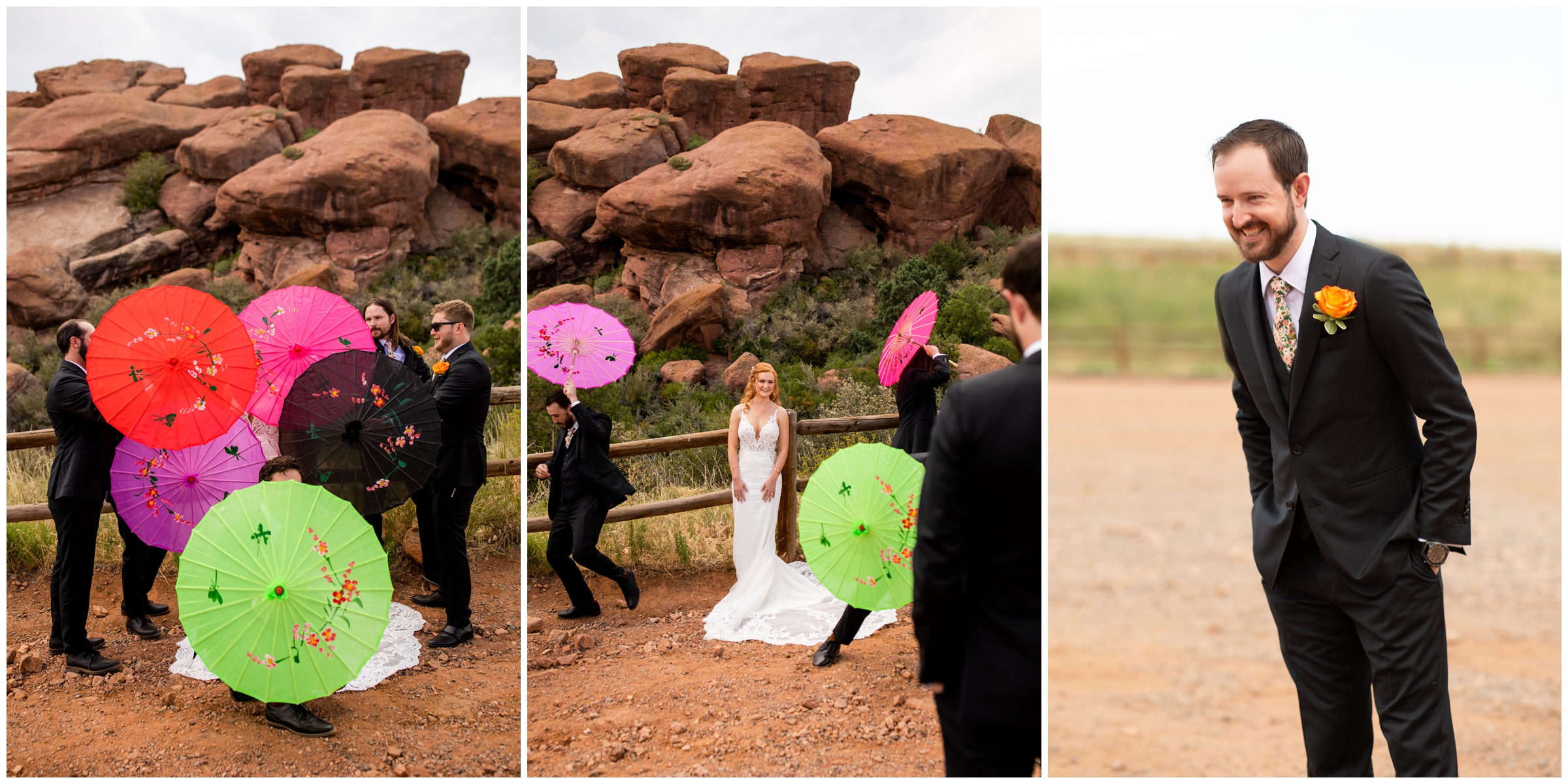 unique first look between bride and groom at the Retreat at Solterra and Red Rocks Colorado summer wedding
