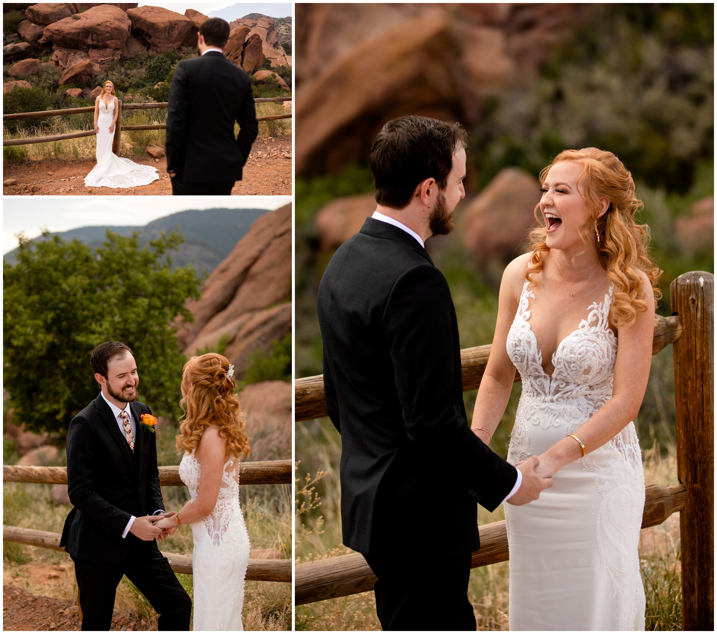 bride and groom doing first look at Red Rocks colorado wedding portraits 