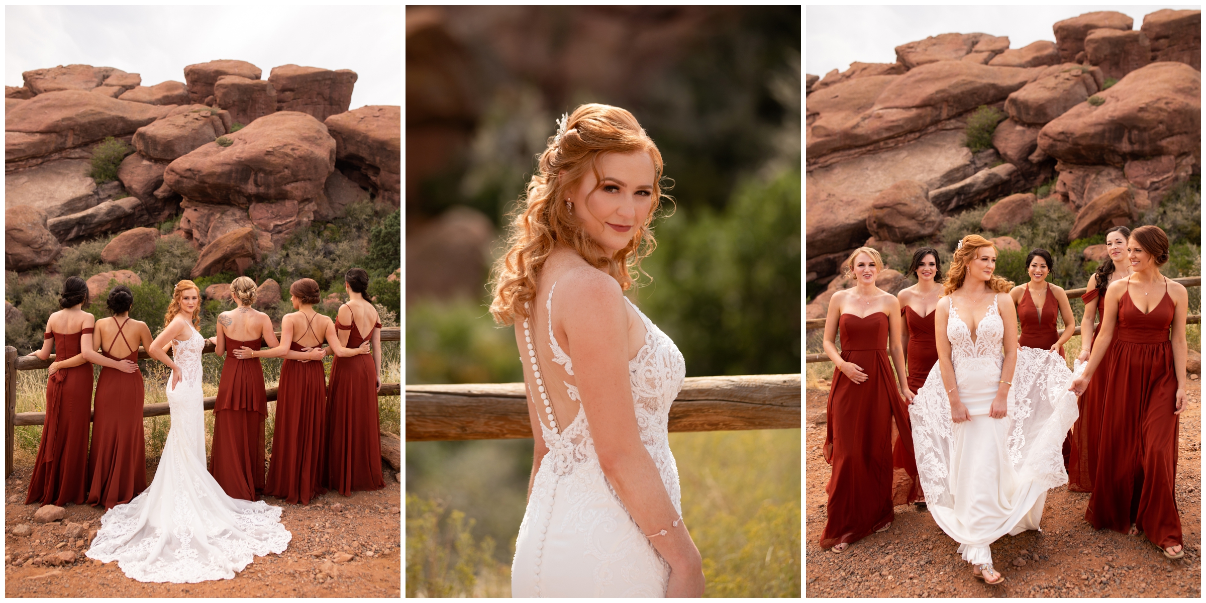 red head bride with long train posing for Red Rocks wedding pictures in Morrison Colorado 