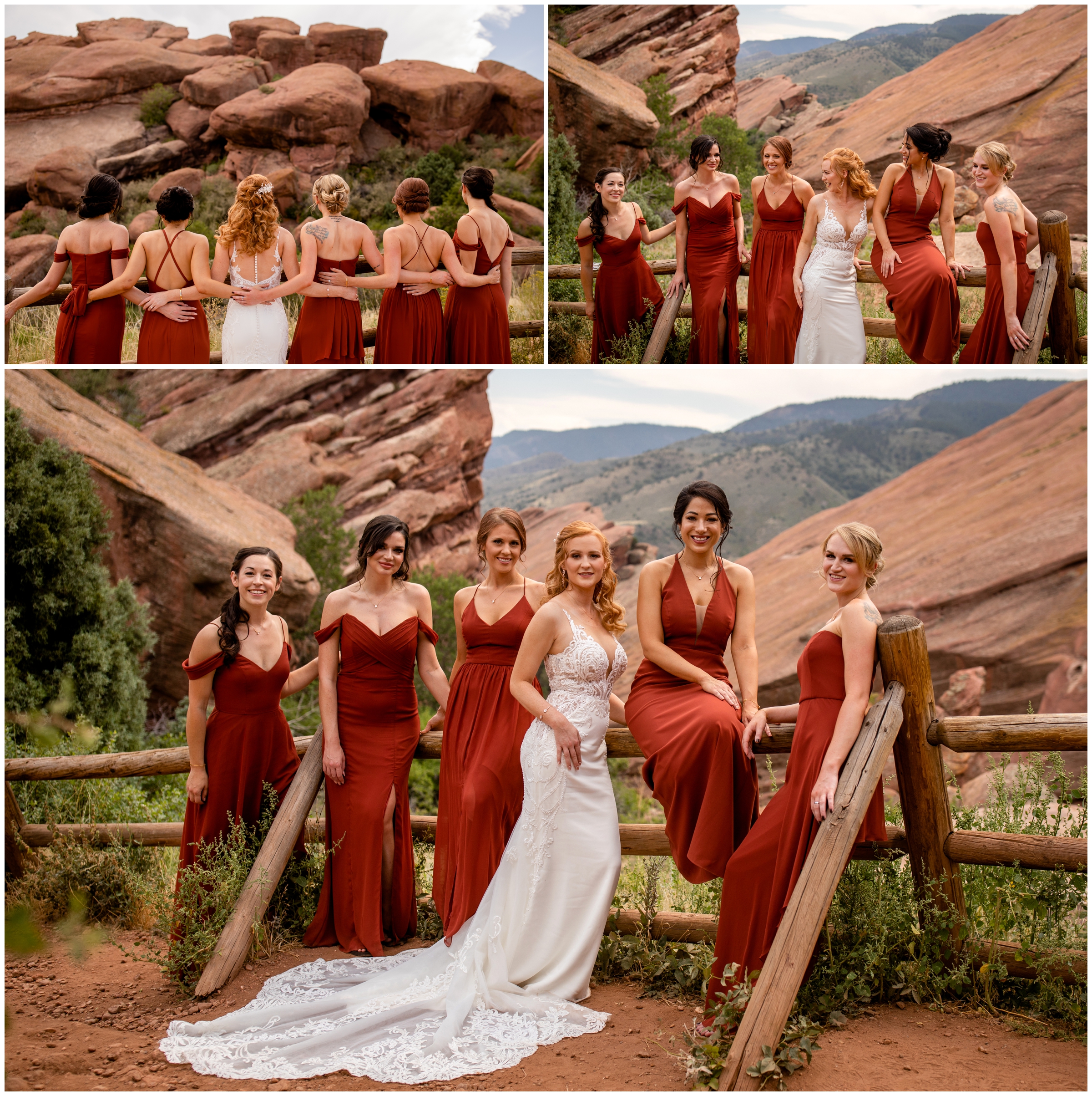 bridesmaids in red dresses posing on fence during Colorado Solterra wedding photos 